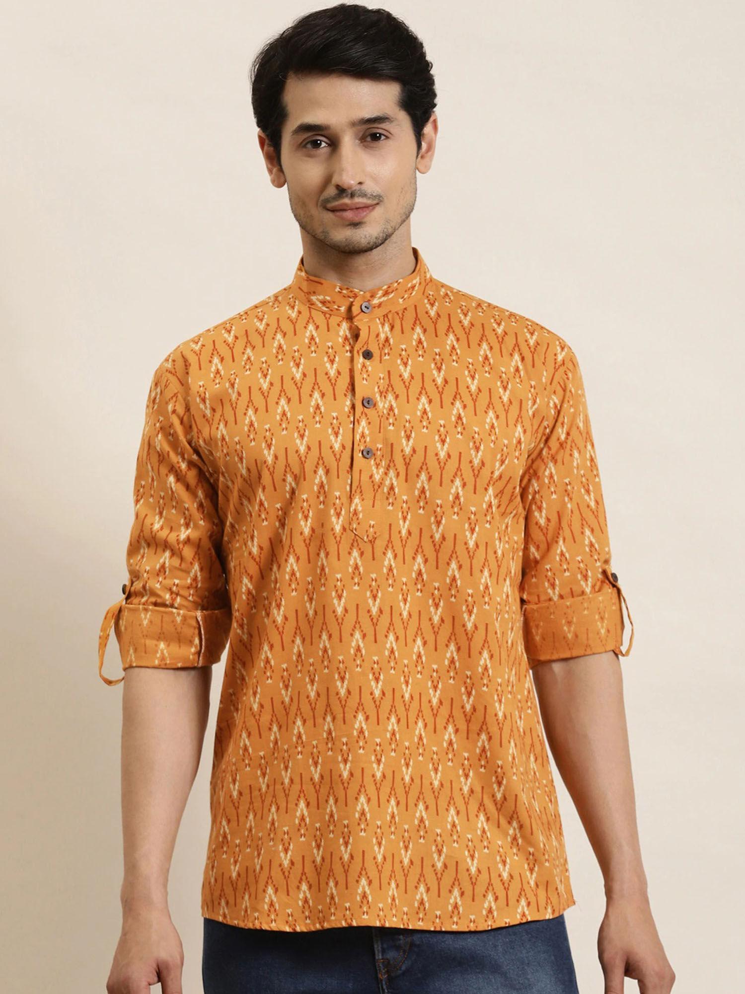 men cotton mustard printed short kurta