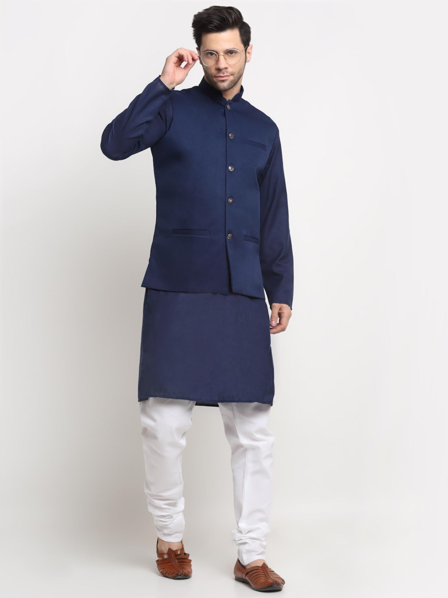 men cotton navy blue kurta and churidar with navy blue nehru jacket (set of 3)