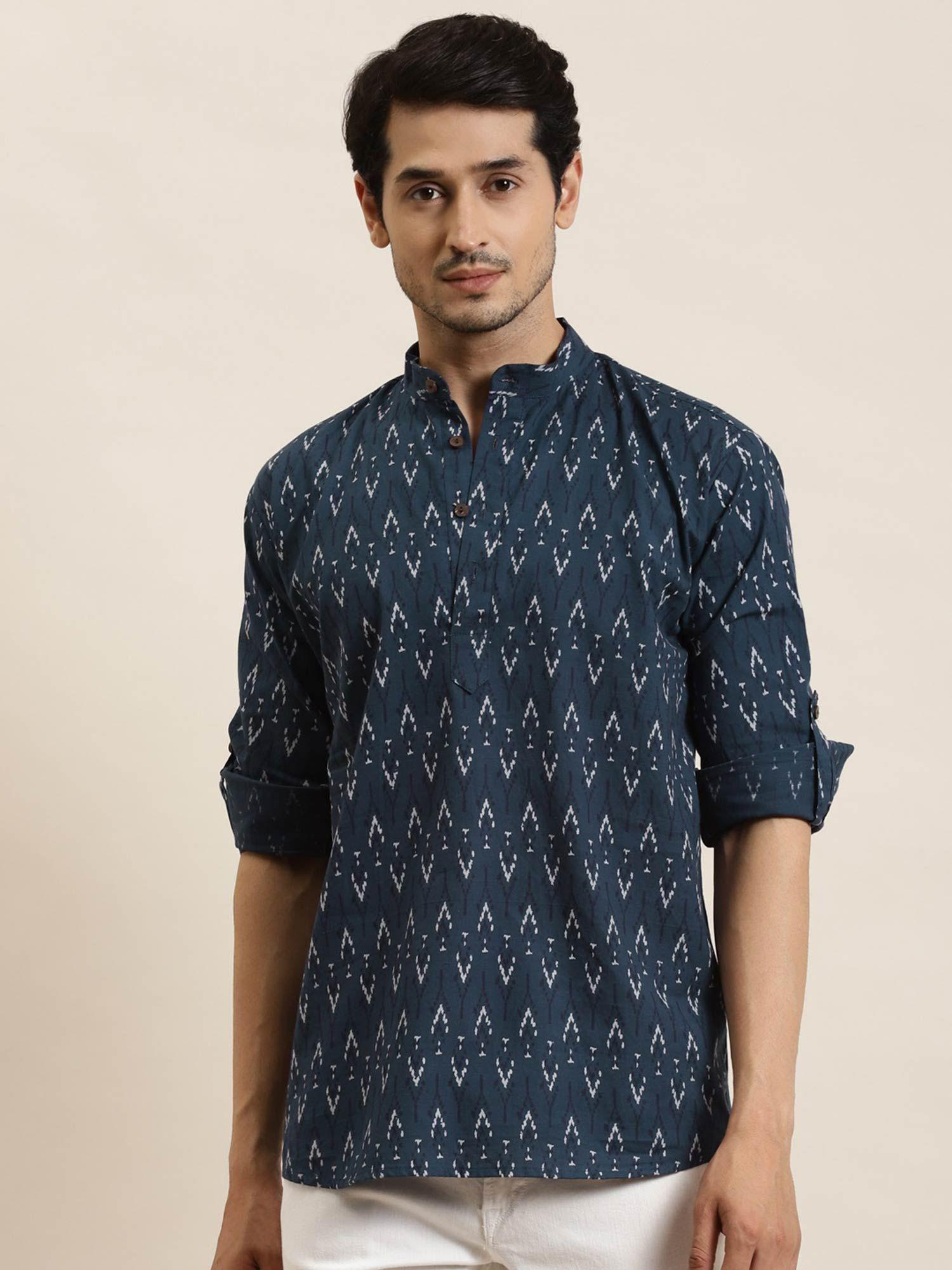 men cotton peacock blue printed short kurta