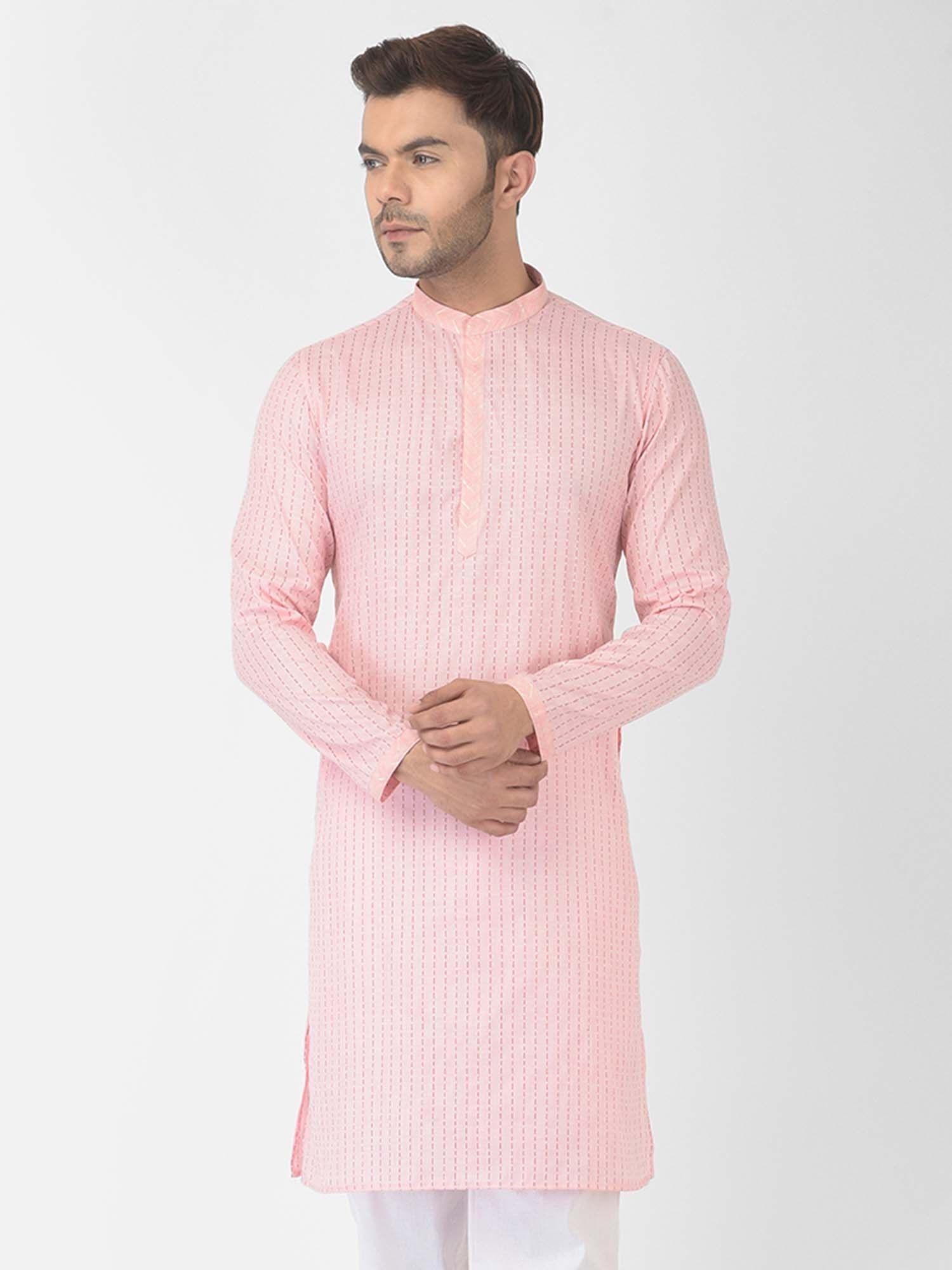 men cotton pink embroidered straight kurta