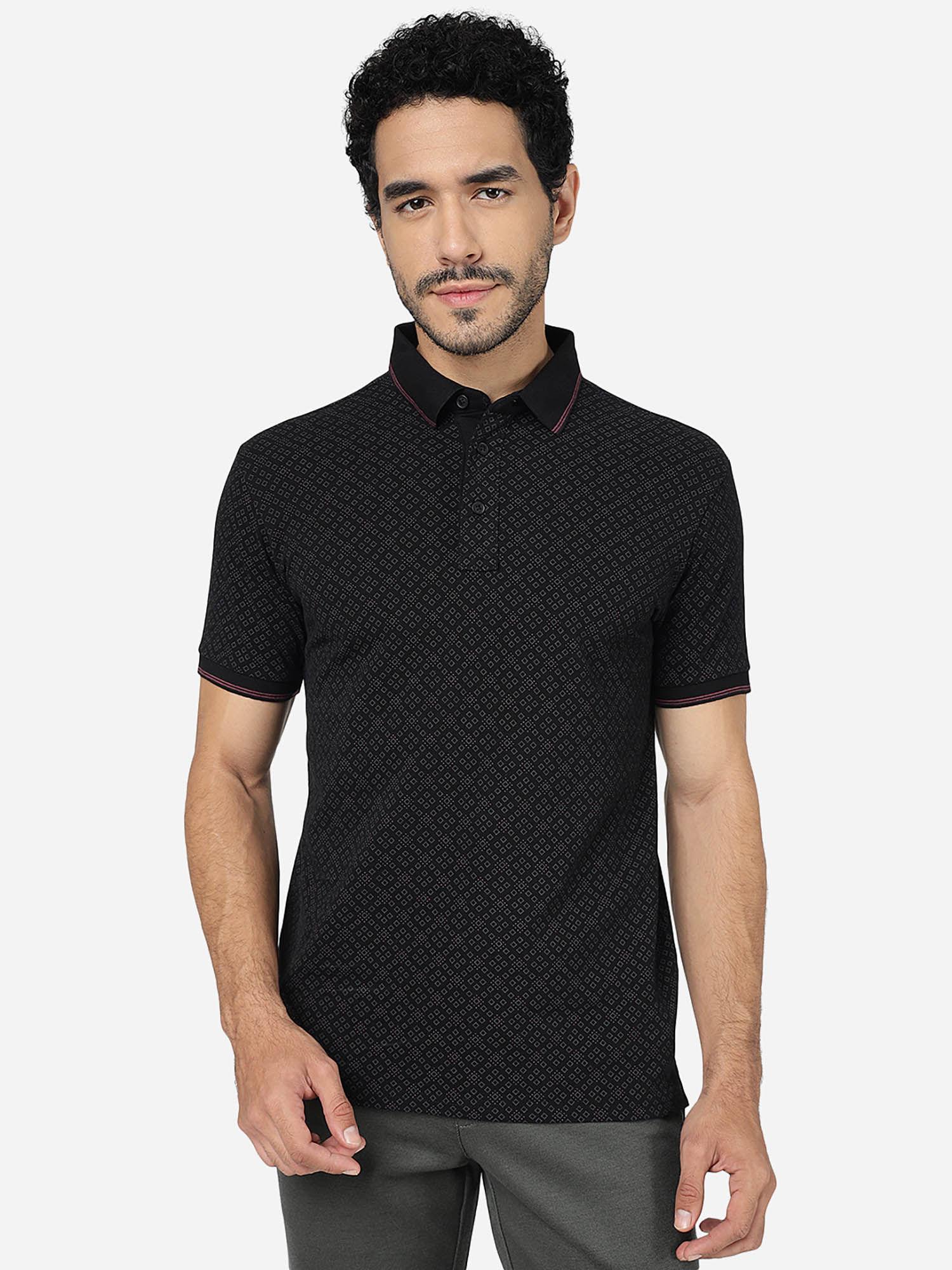 men cotton printed black slim fit half sleeve polo t-shirt