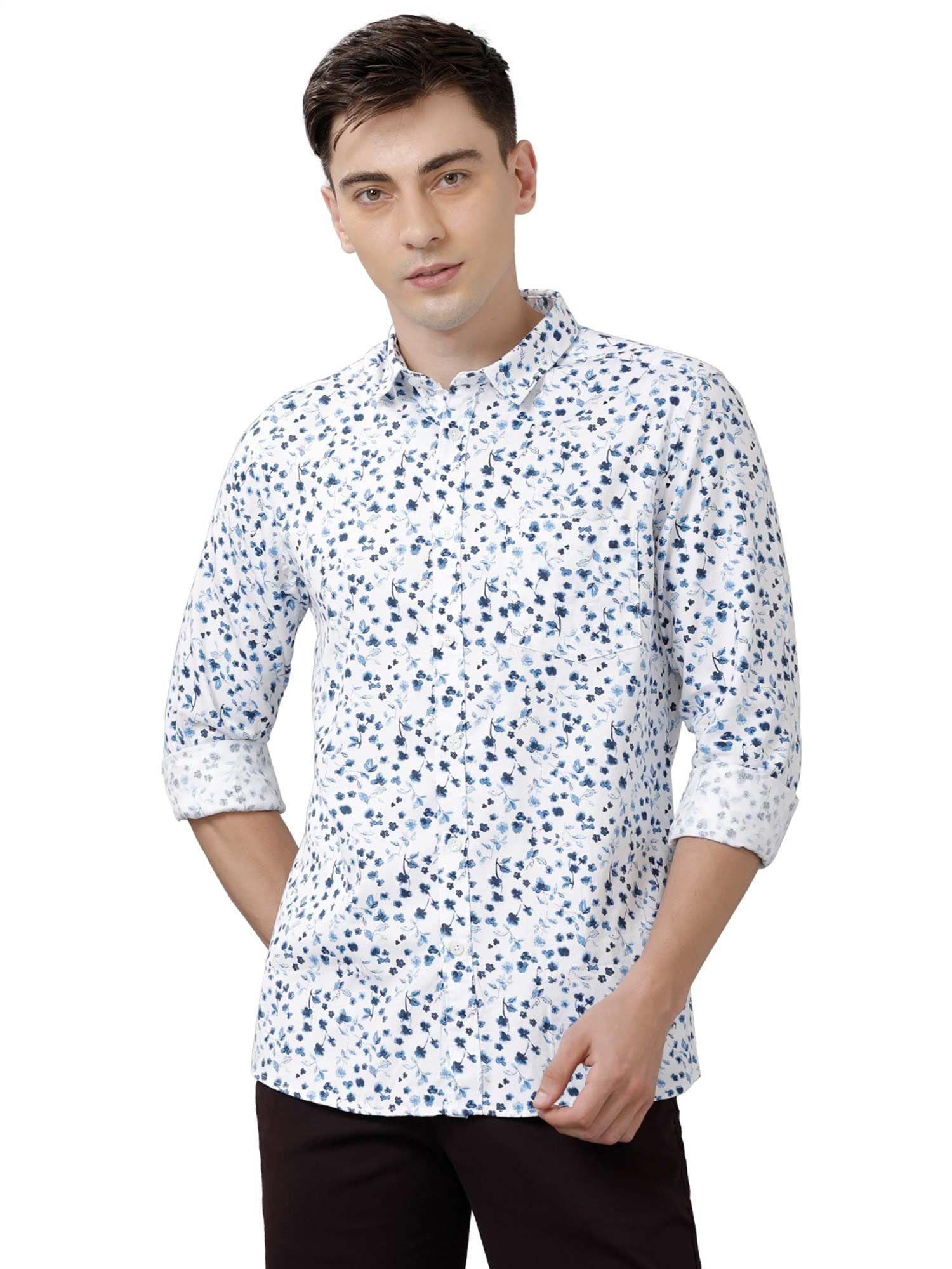 men cotton printed full sleeve slim fit polo neck white color shirt