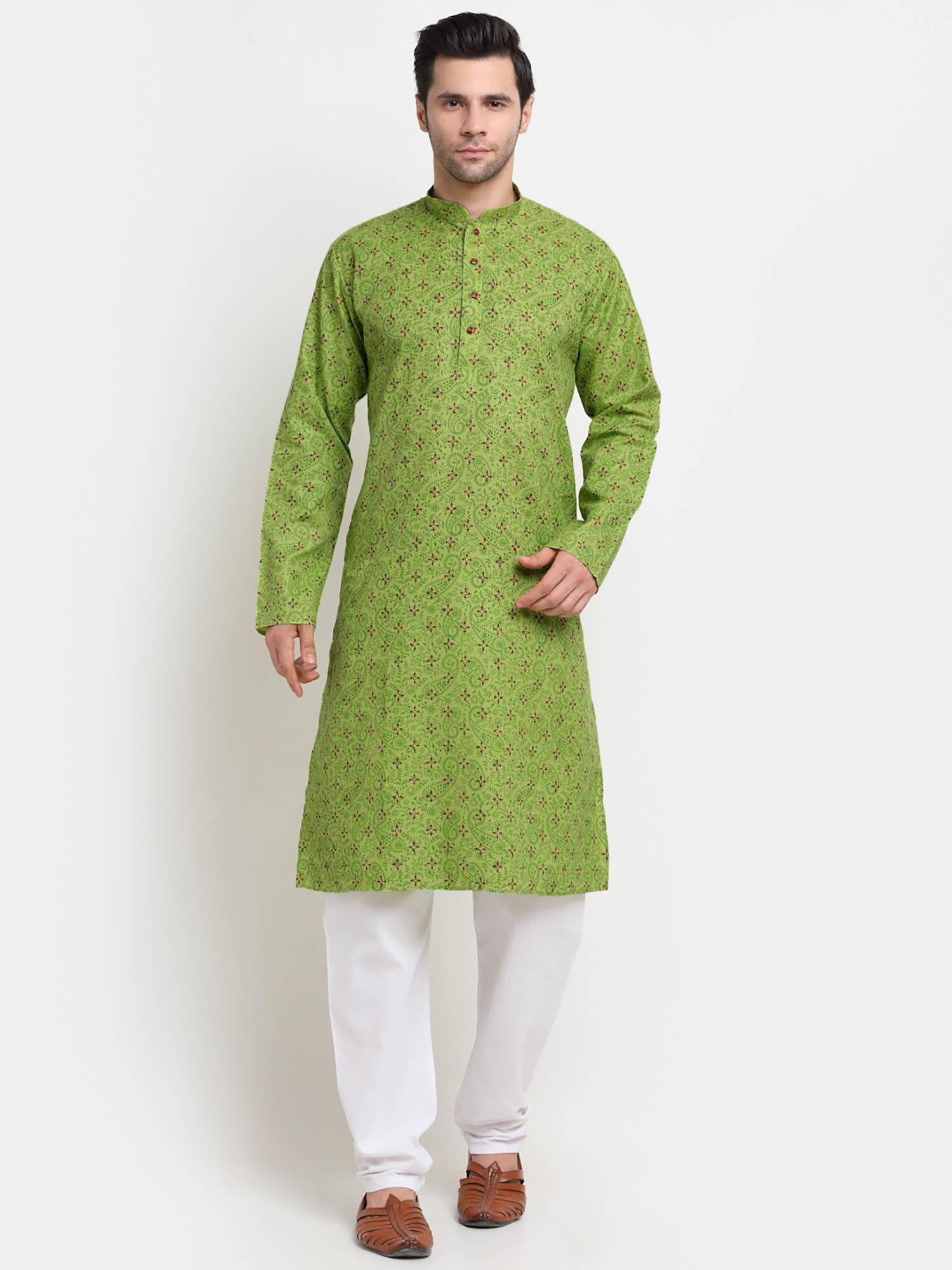 men cotton printed green kurta with pyjamas (set of 2)