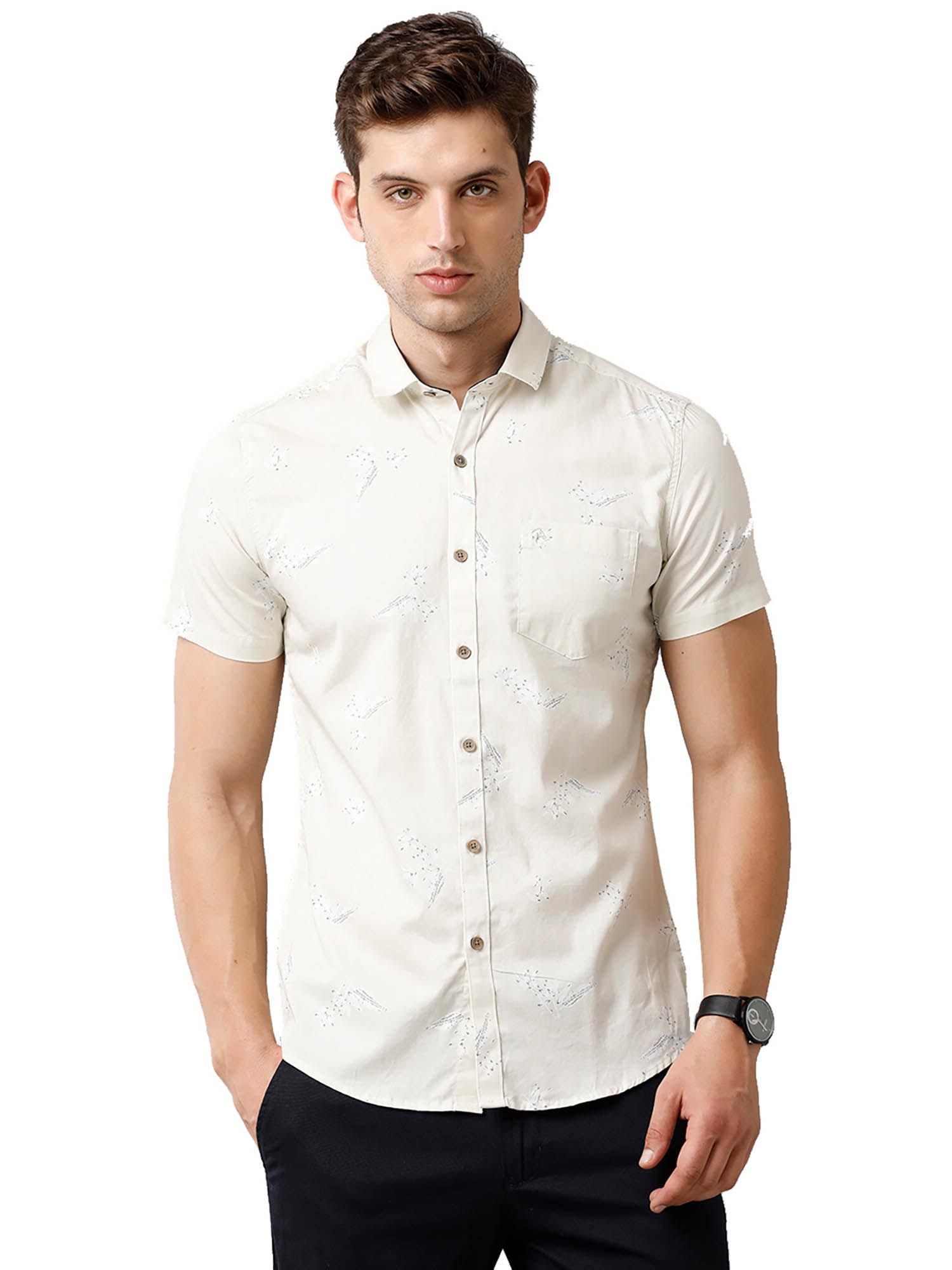 men cotton printed half sleeve slim fit cream color shirt