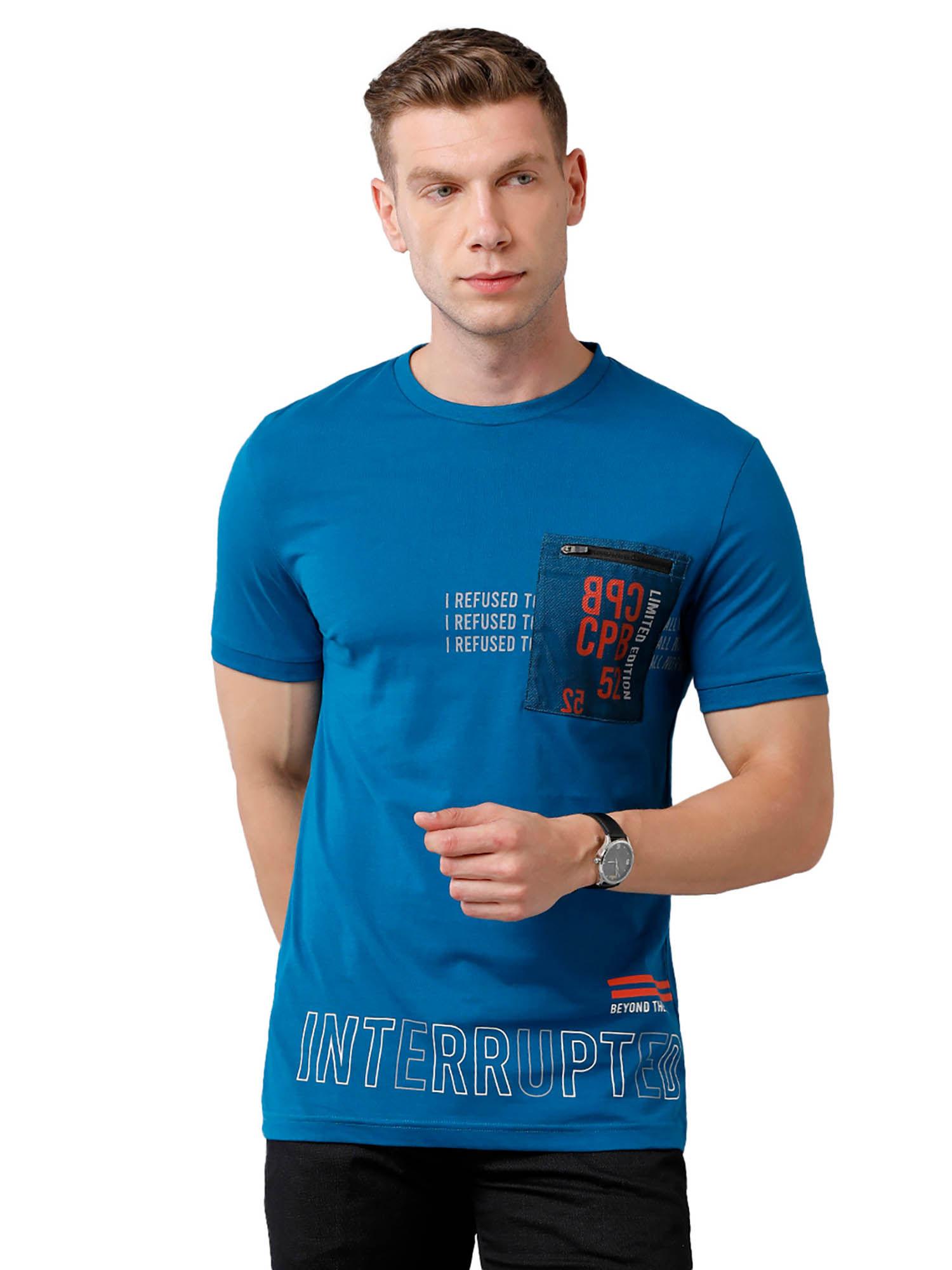 men cotton printed half sleeve slim fit crew neck blue colour t-shirt