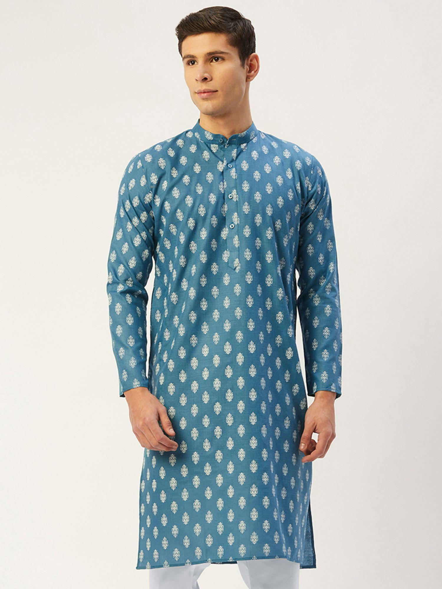 men cotton printed kurta in teal