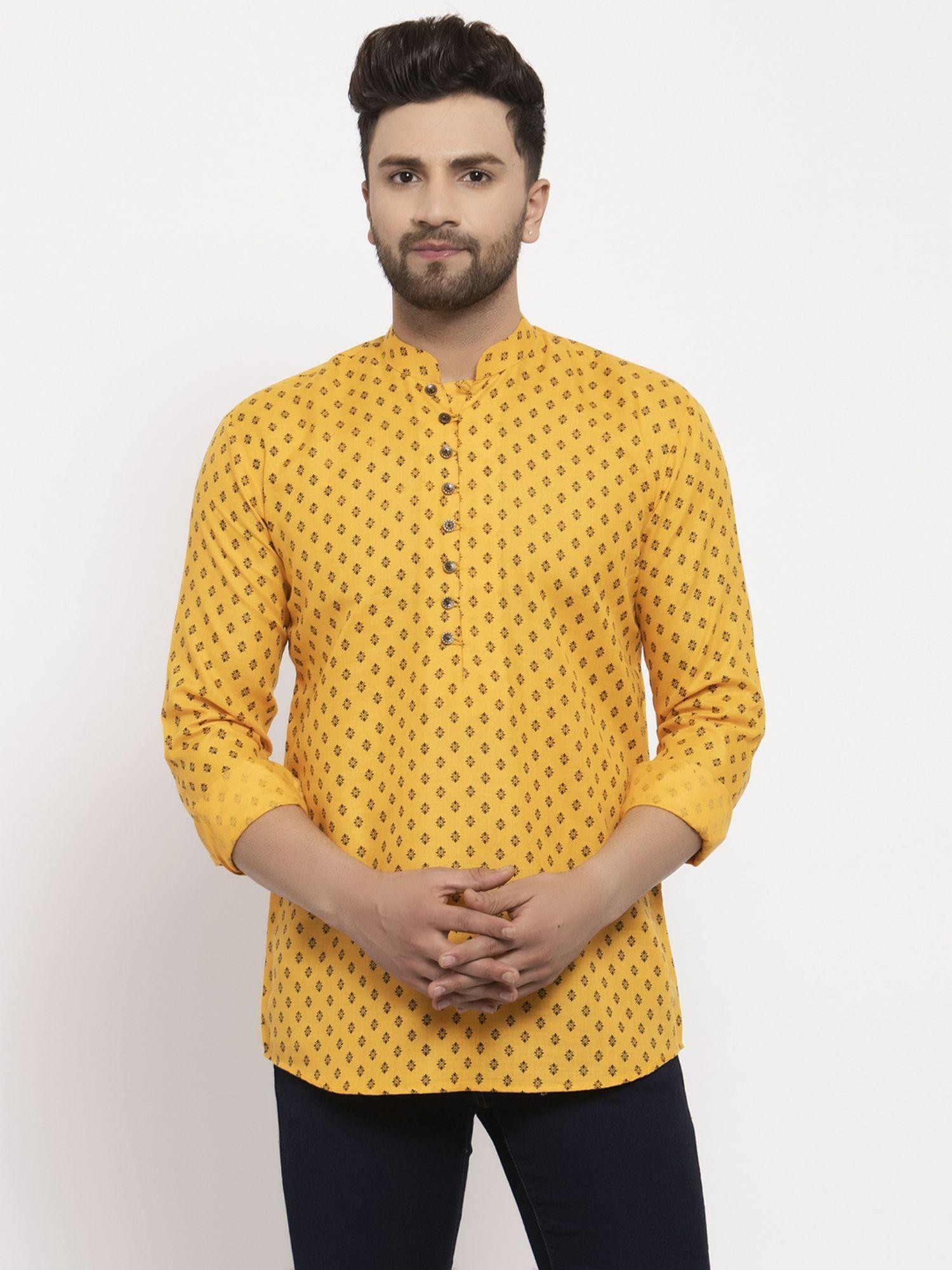 men cotton printed kurta in yellow