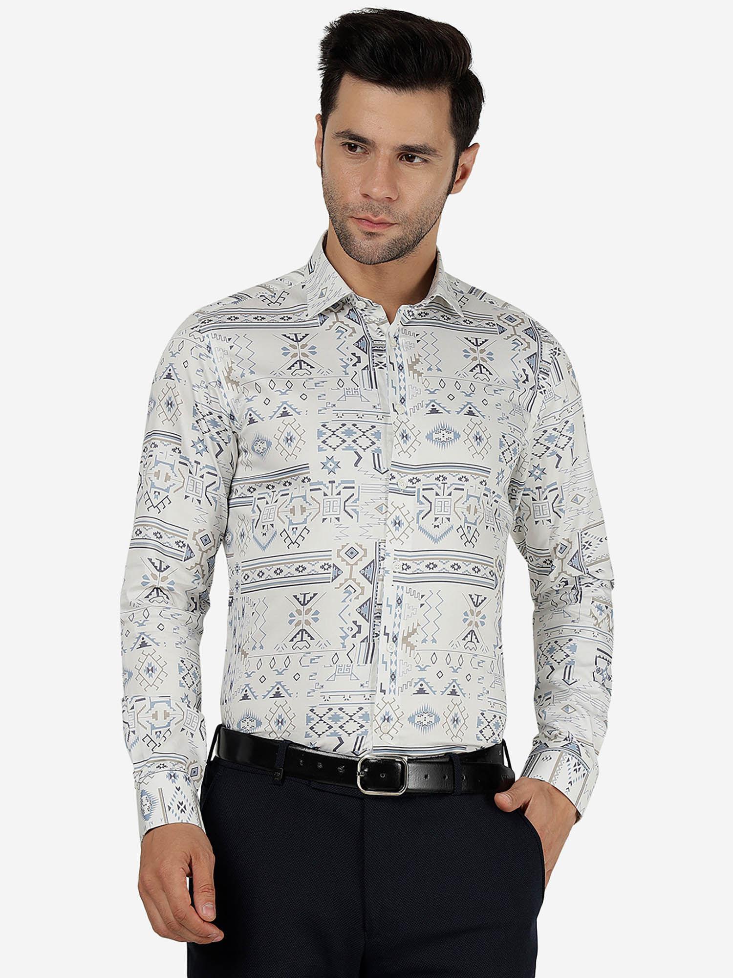 men cotton printed white & blue slim fit full sleeve formal shirt