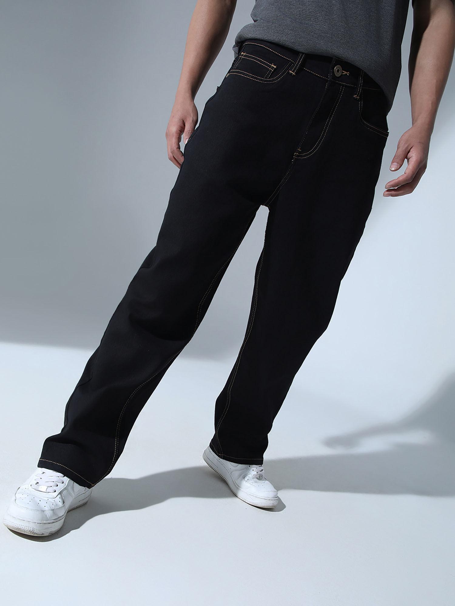 men cotton relaxed fit mid-rise casual black jeans