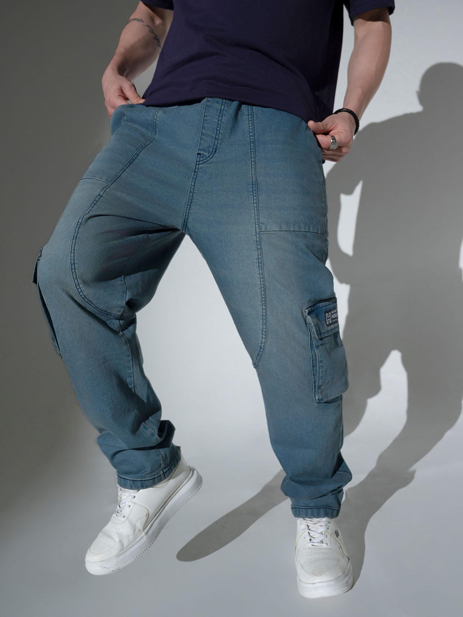 men cotton relaxed fit mid-rise casual blue jeans