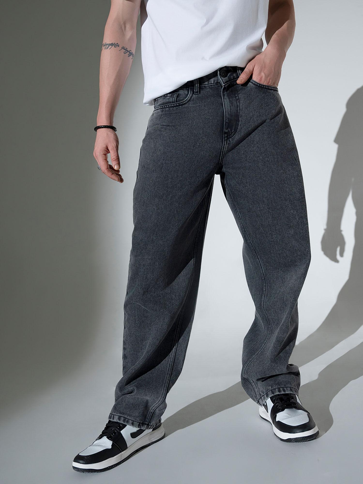 men cotton relaxed fit mid-rise casual grey jeans