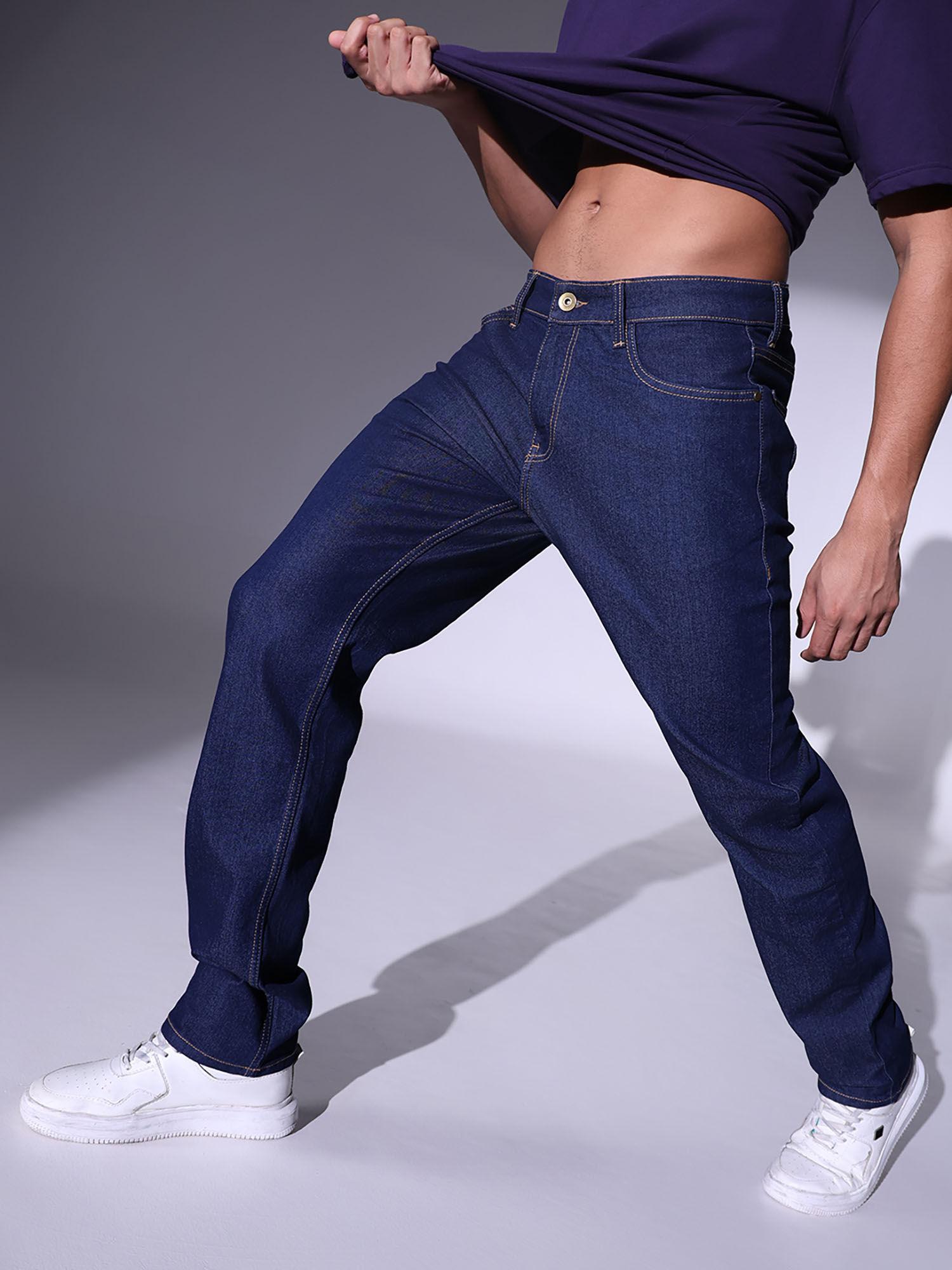 men cotton relaxed fit mid-rise casual navy blue jeans