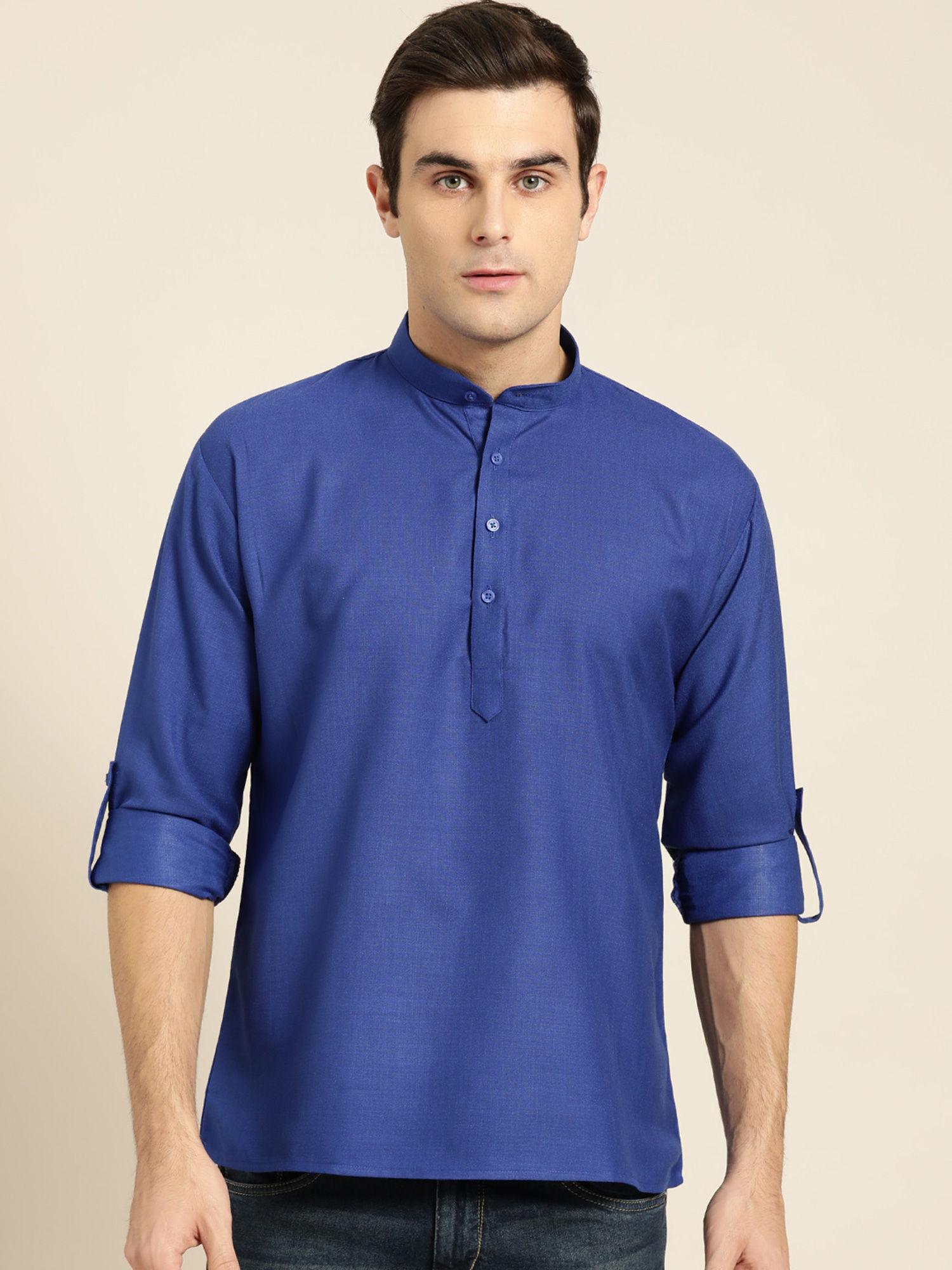 men cotton royal blue solid short kurta