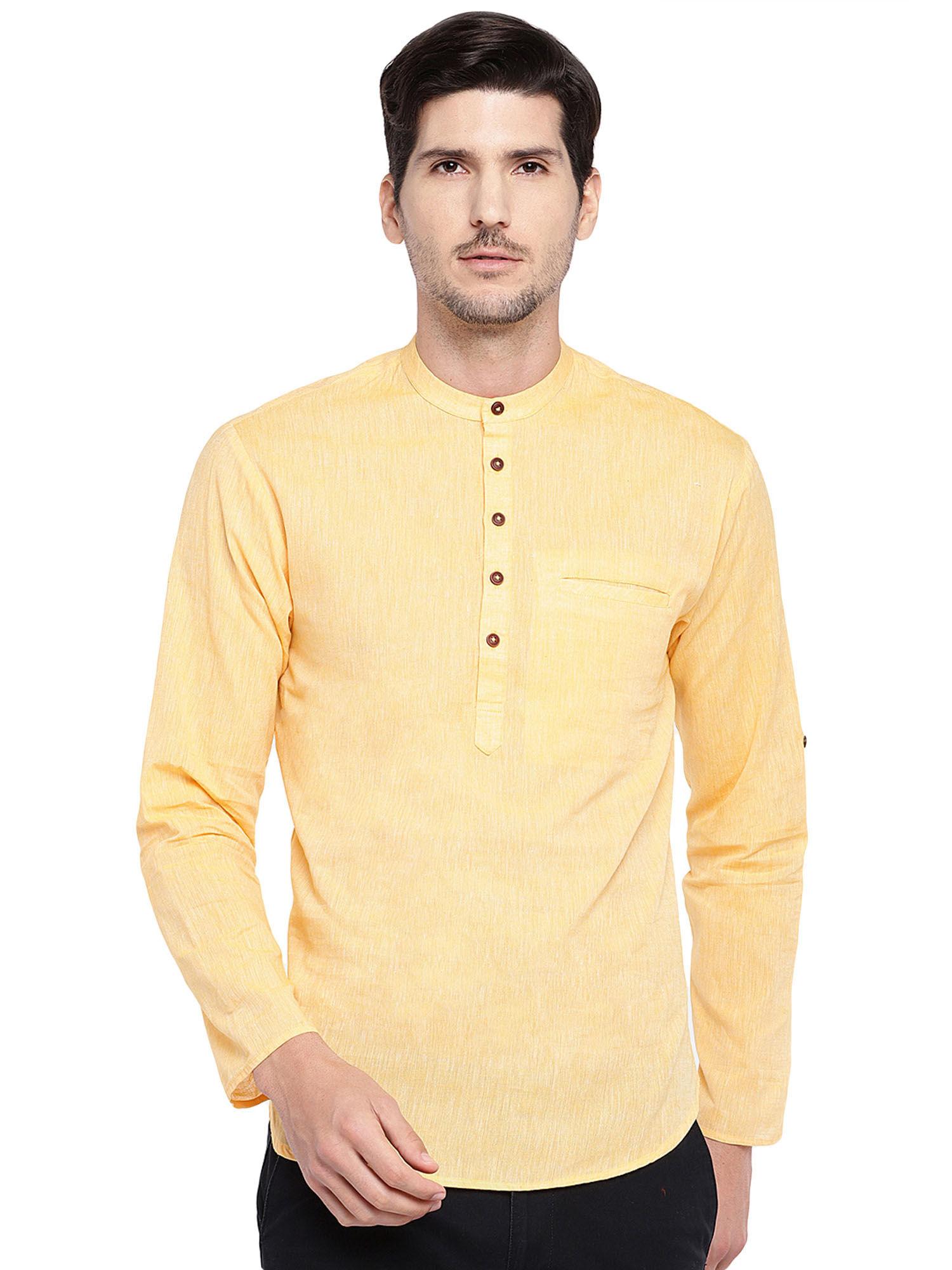 men cotton self textured pale yellow colour roll-up short kurta