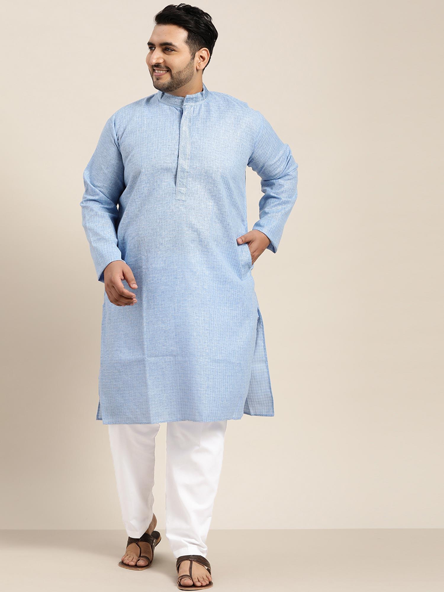 men cotton sky blue embroidered kurta with white churidar pyjama (set of 2)