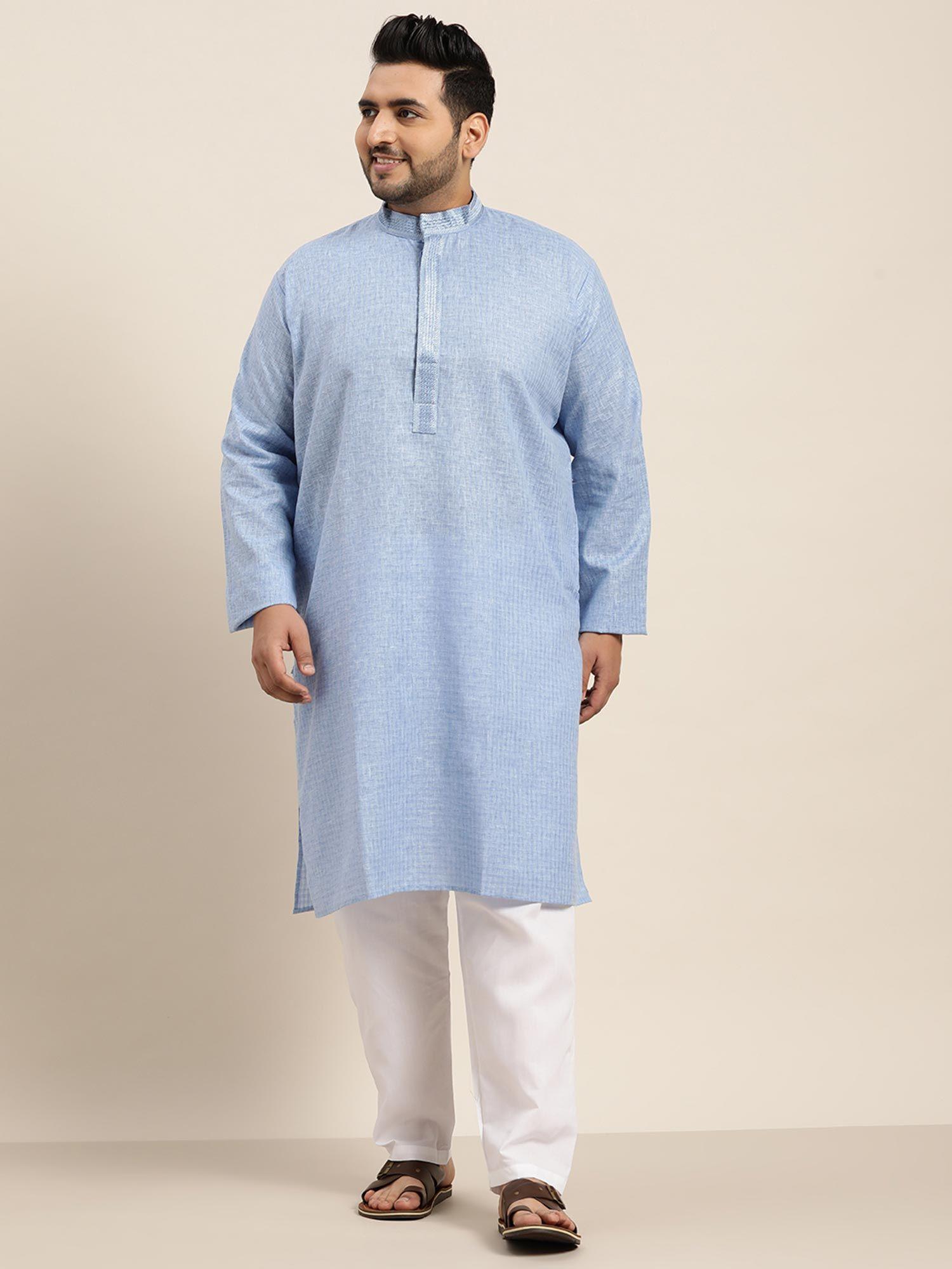 men cotton sky blue embroidered kurta