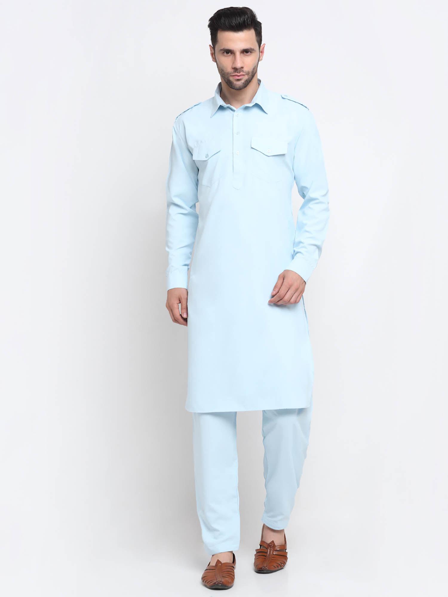 men cotton sky blue pathani kurta with trousers (set of 2)