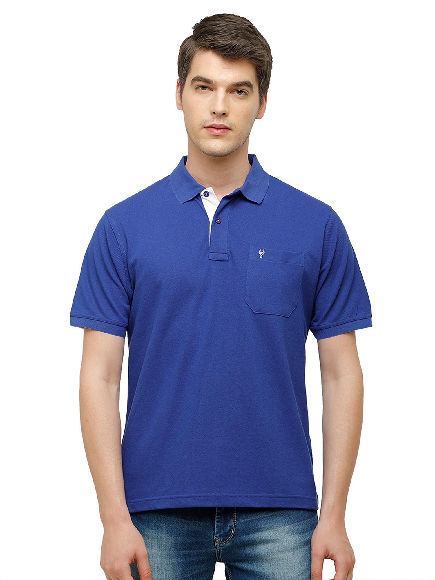 men cotton solid half sleeve authentic fit polo neck navy blue color t-shirt