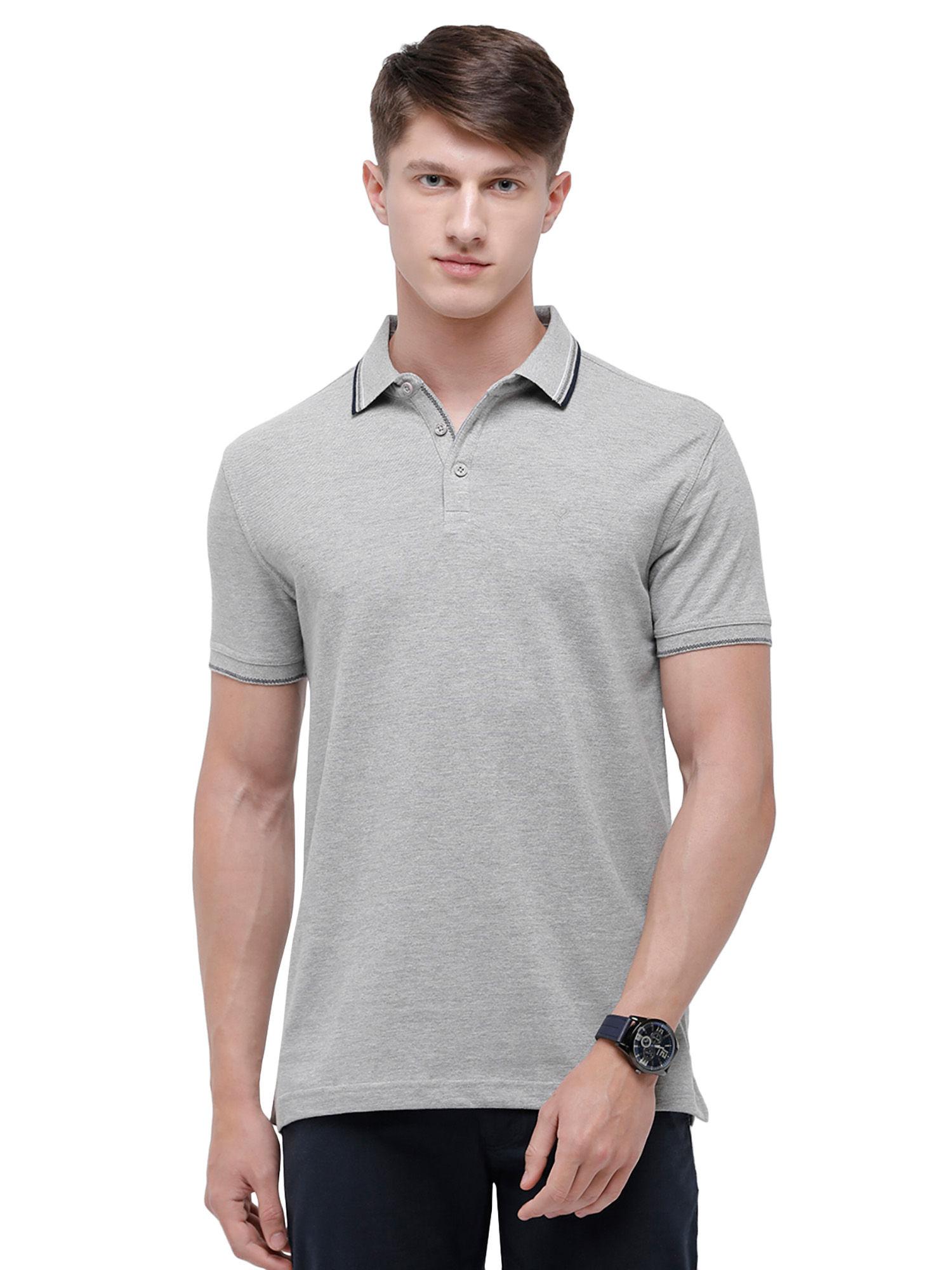 men cotton solid half sleeve slim fit polo neck grey color t-shirt