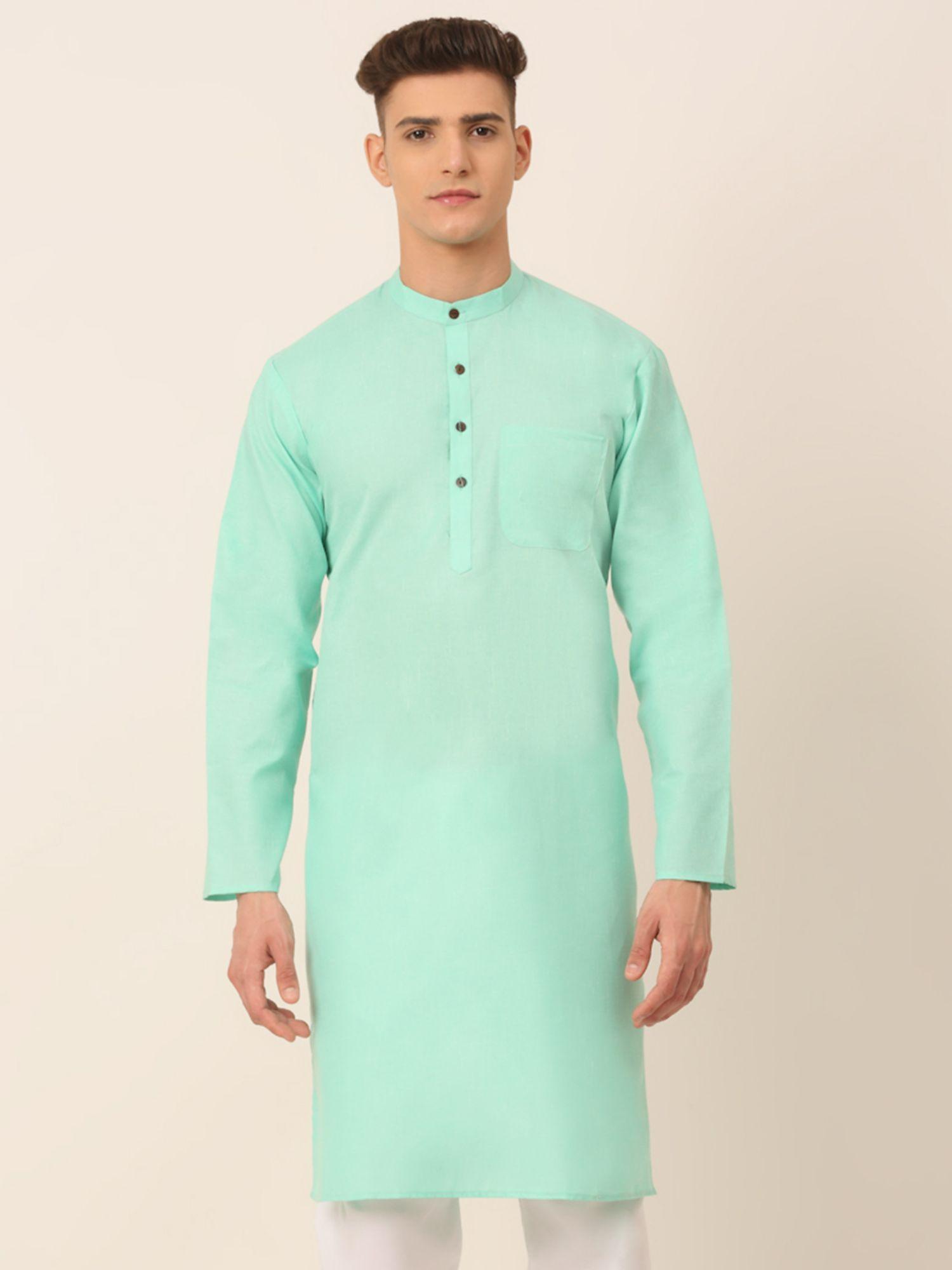 men cotton solid kurta in green