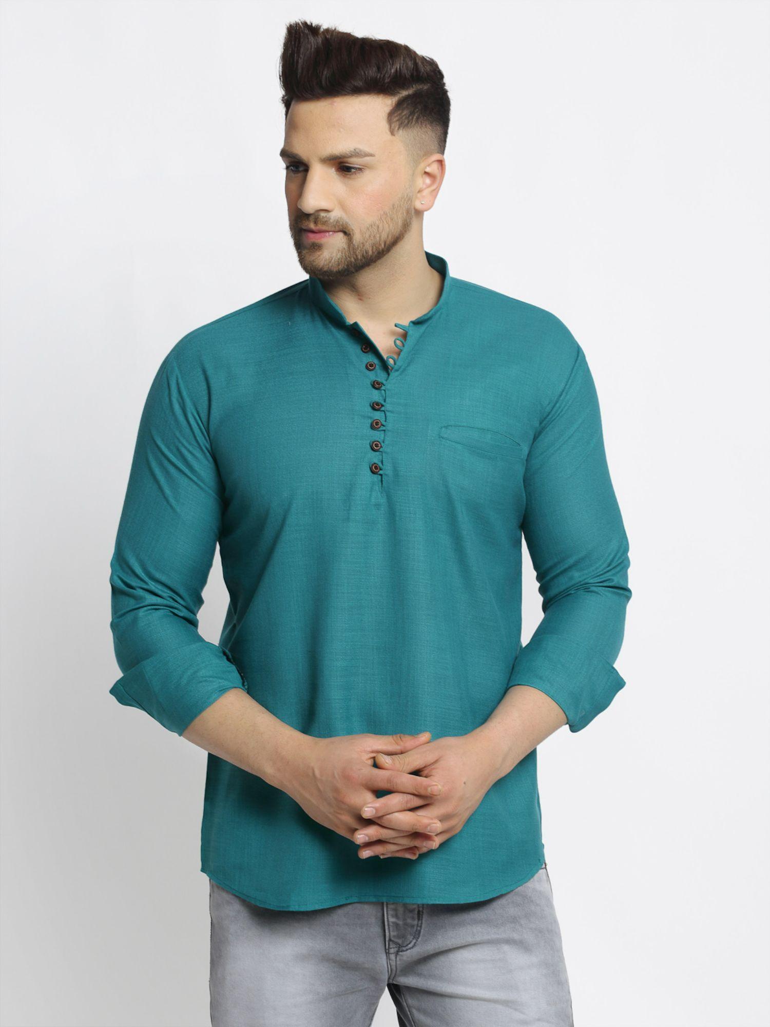 men cotton solid kurta in green