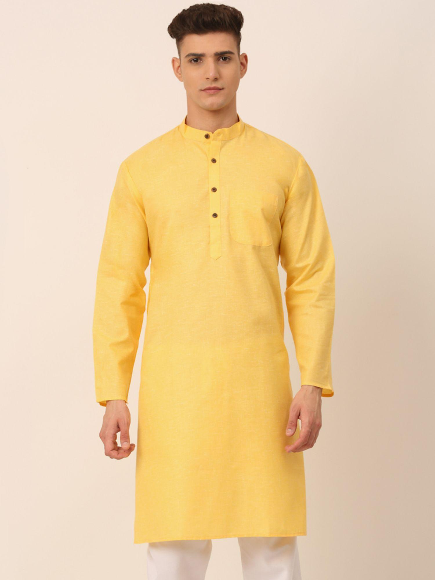 men cotton solid kurta in yellow