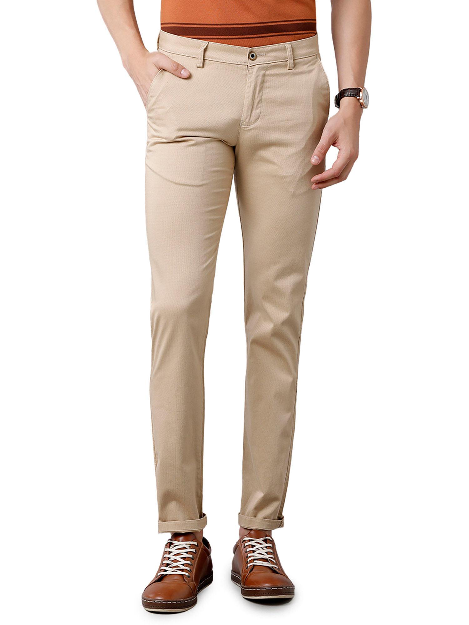 men cotton solid slim fit cream colour trousers