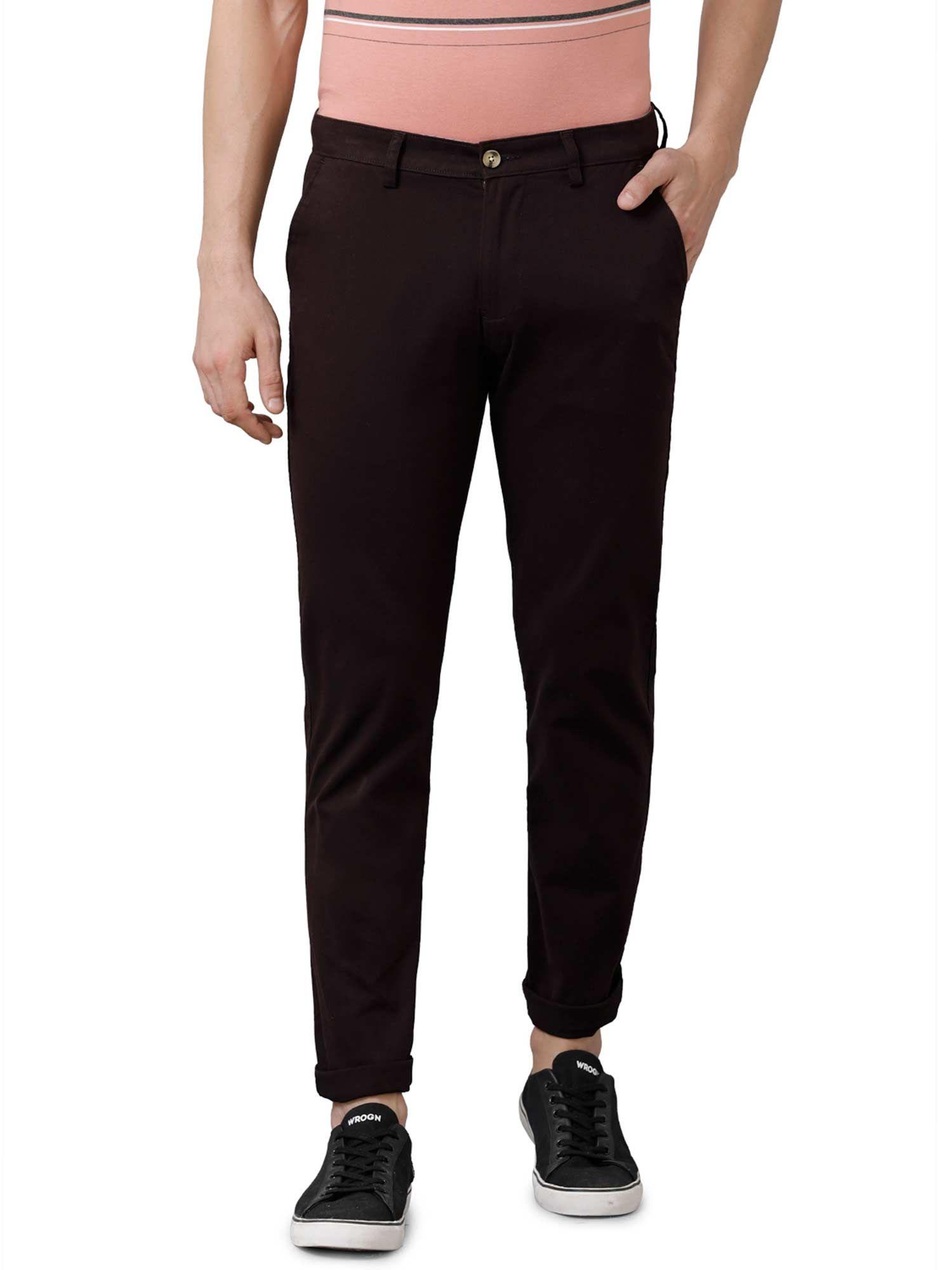 men cotton solid slim fit wine color trousers