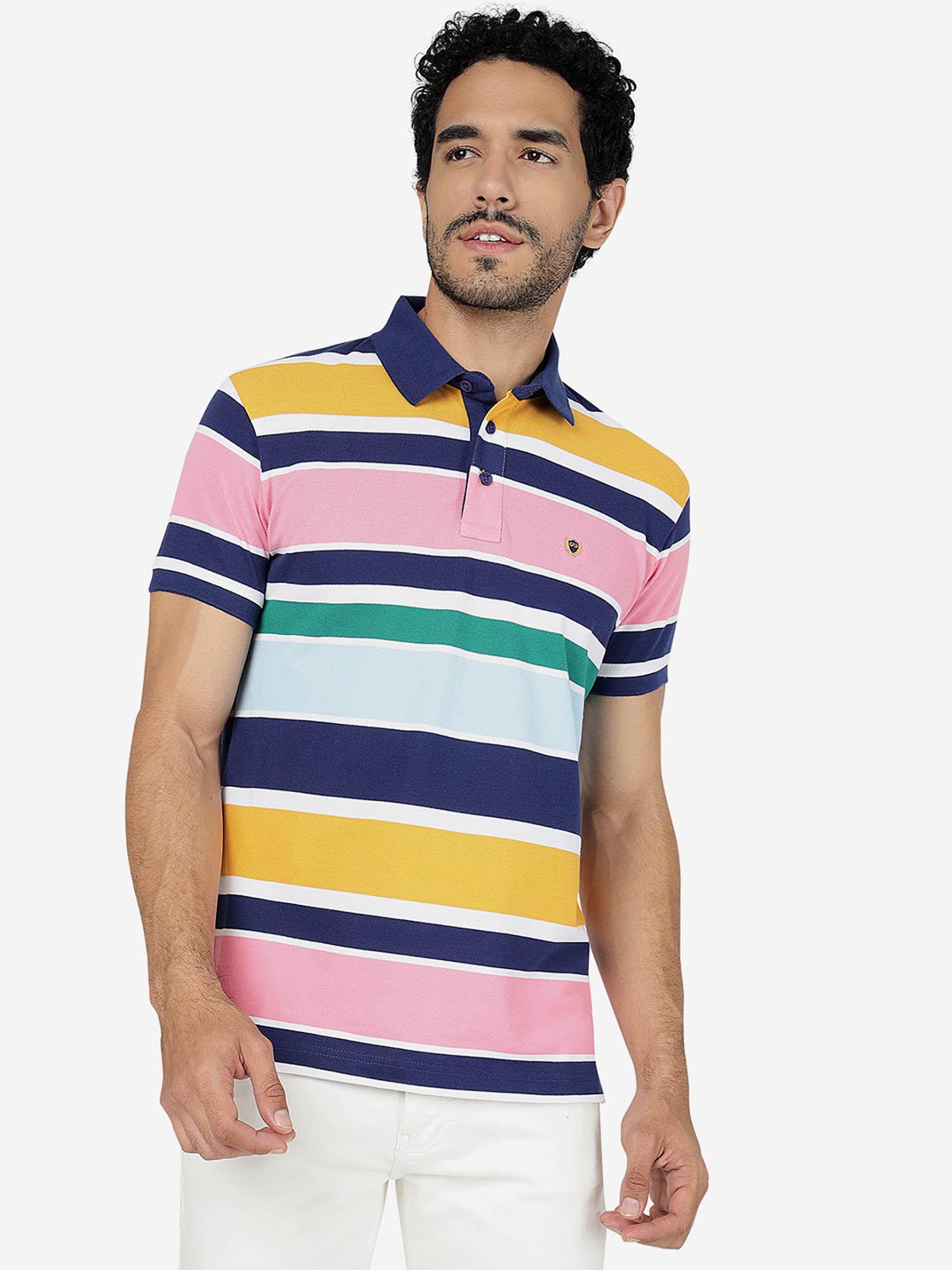 men cotton striped multi-color slim fit half sleeve polo t-shirt