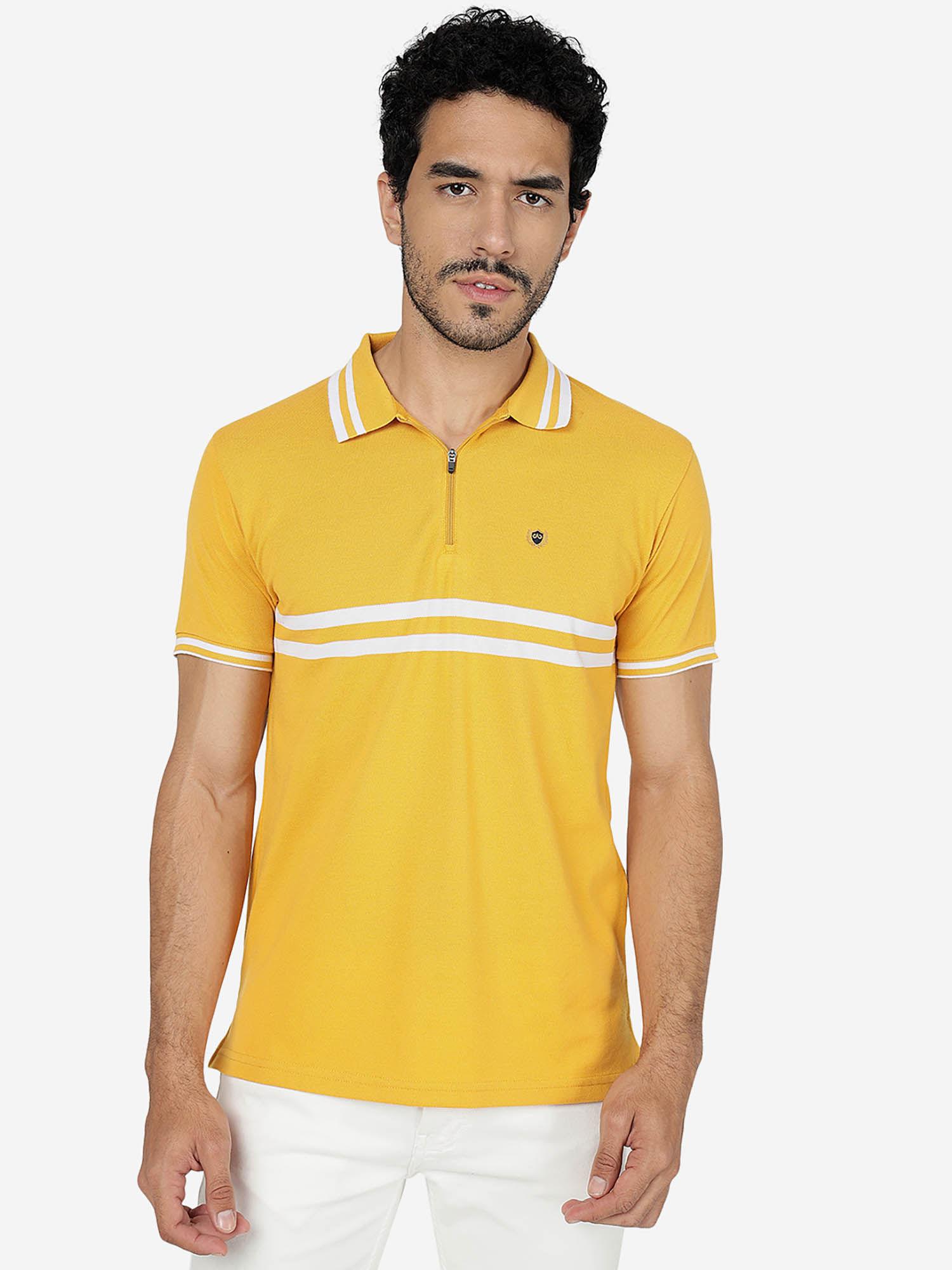 men cotton striped yellow slim fit half sleeve polo t-shirt