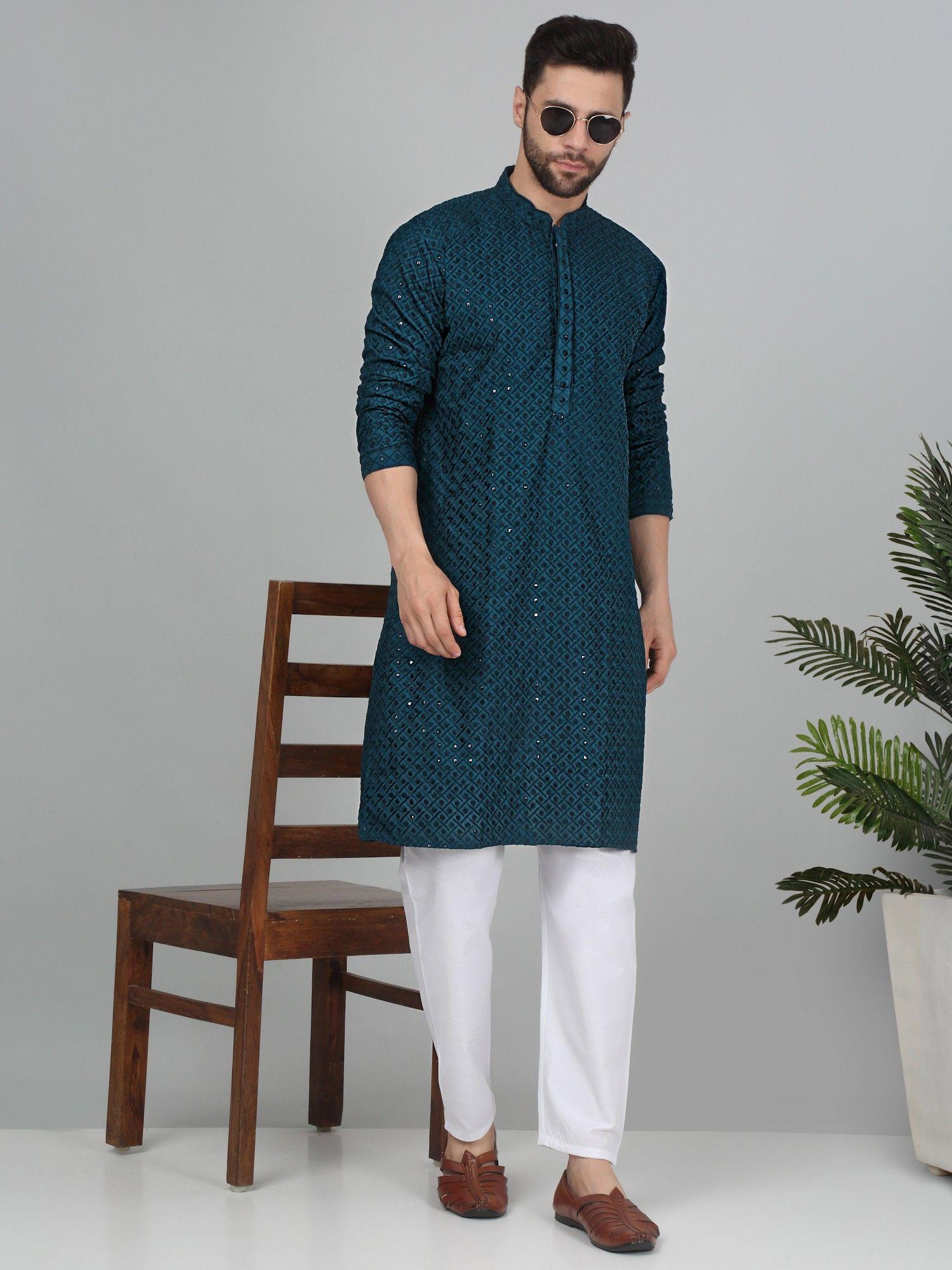 men cotton teal embroidered sequined kurta with pant (set of 2)