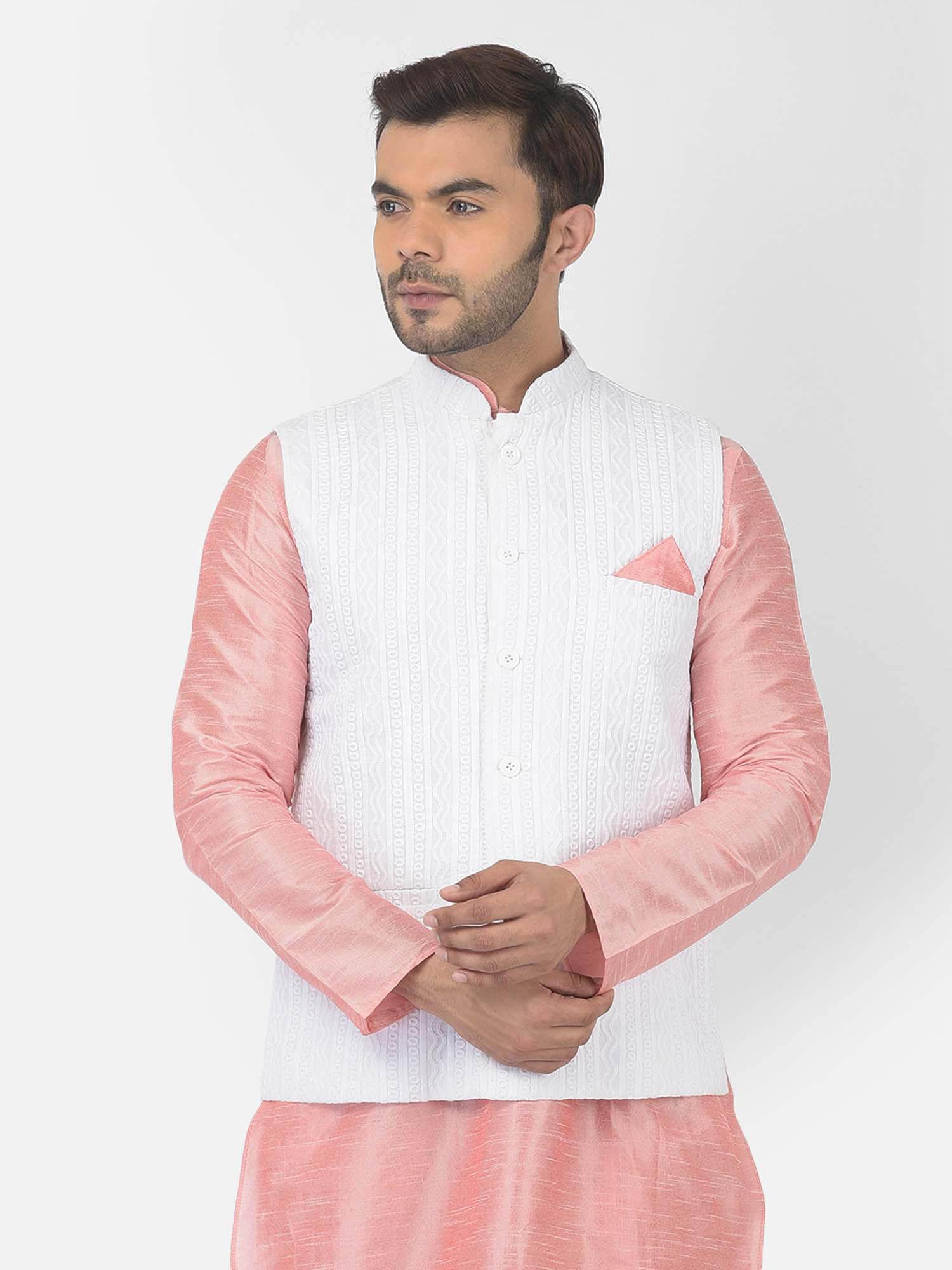 men cotton white embroidered nehru jacket
