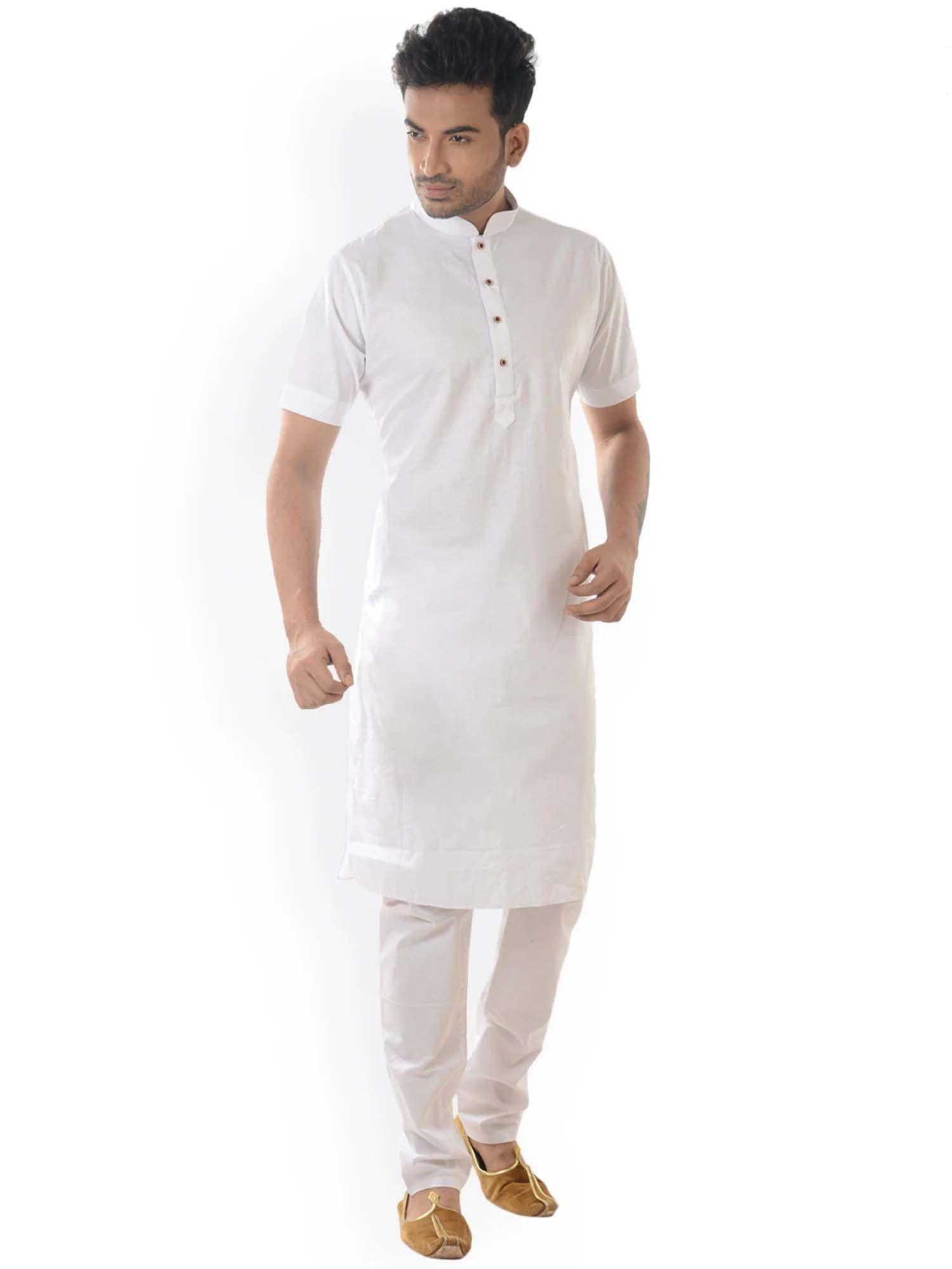 men cotton white solid straight half sleeve kurta