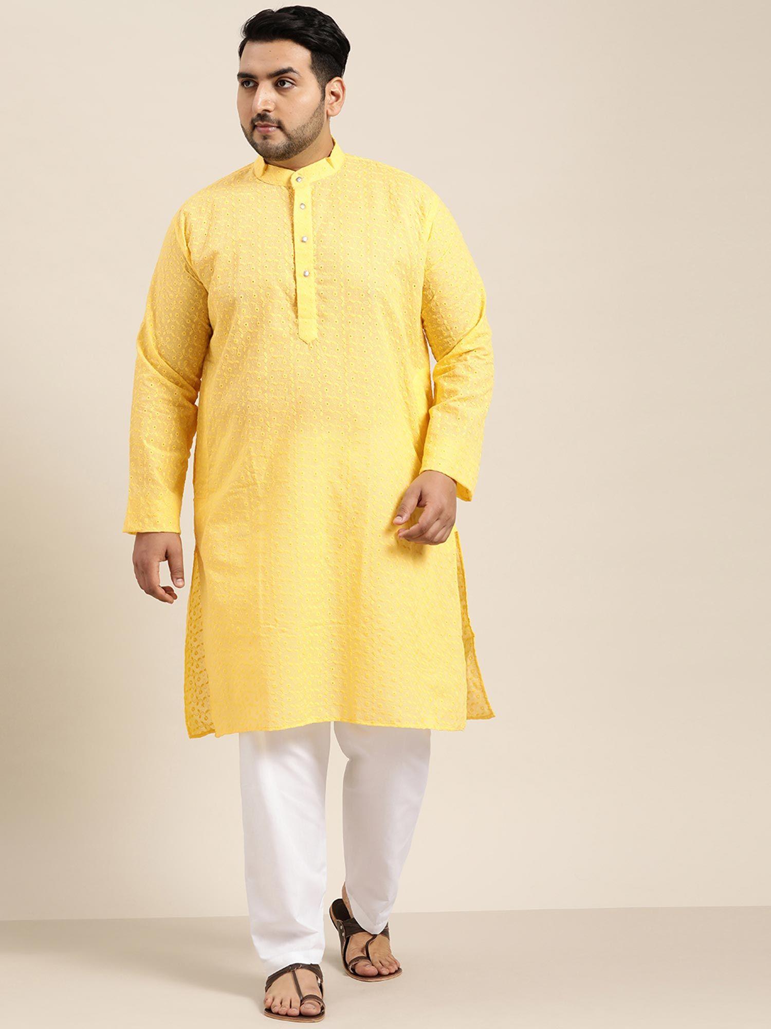 men cotton yellow chikankari kurta