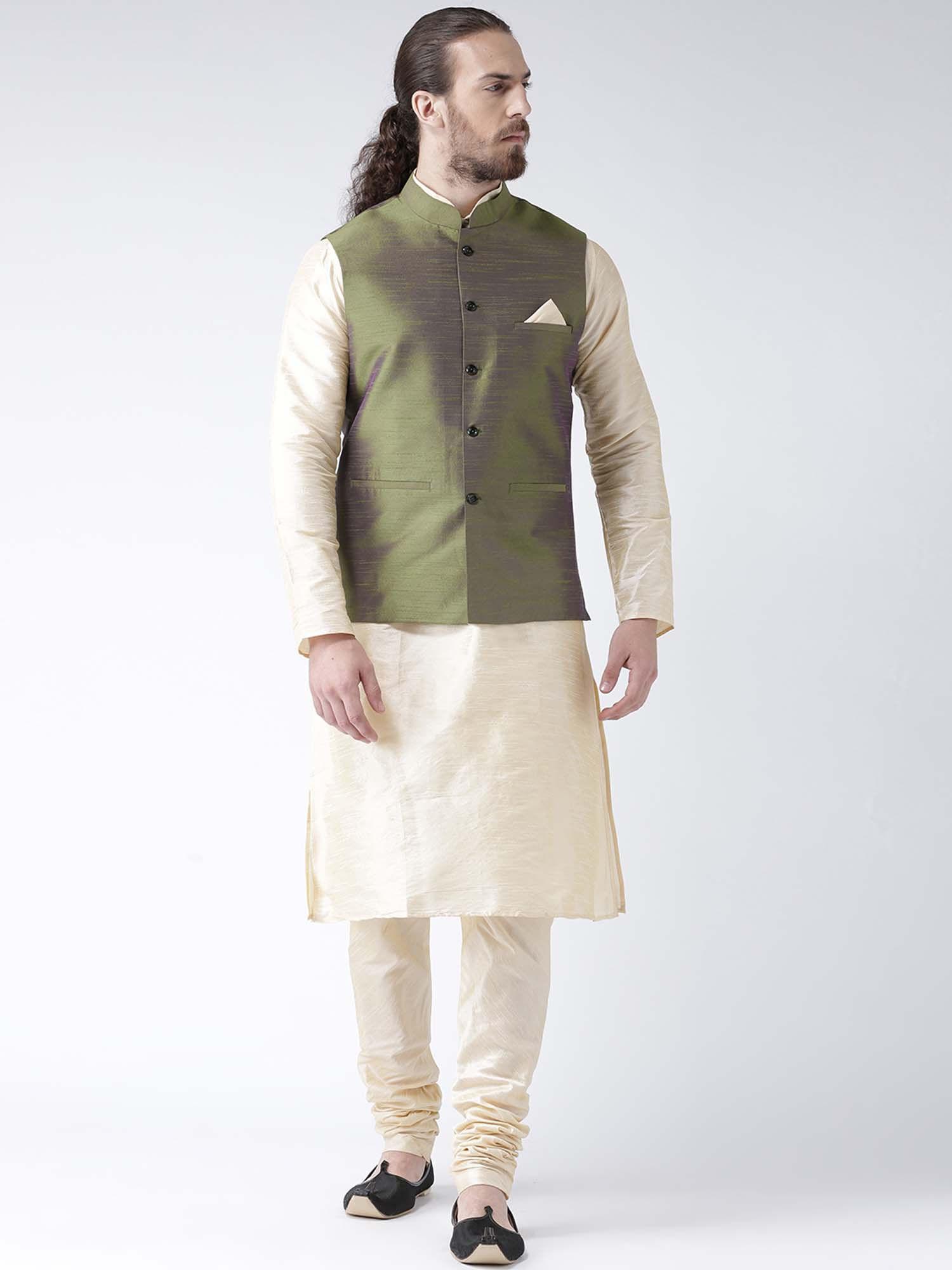 men cream & olive green dupion silk solid kurta with pyjama nehru jacket (set of 3)