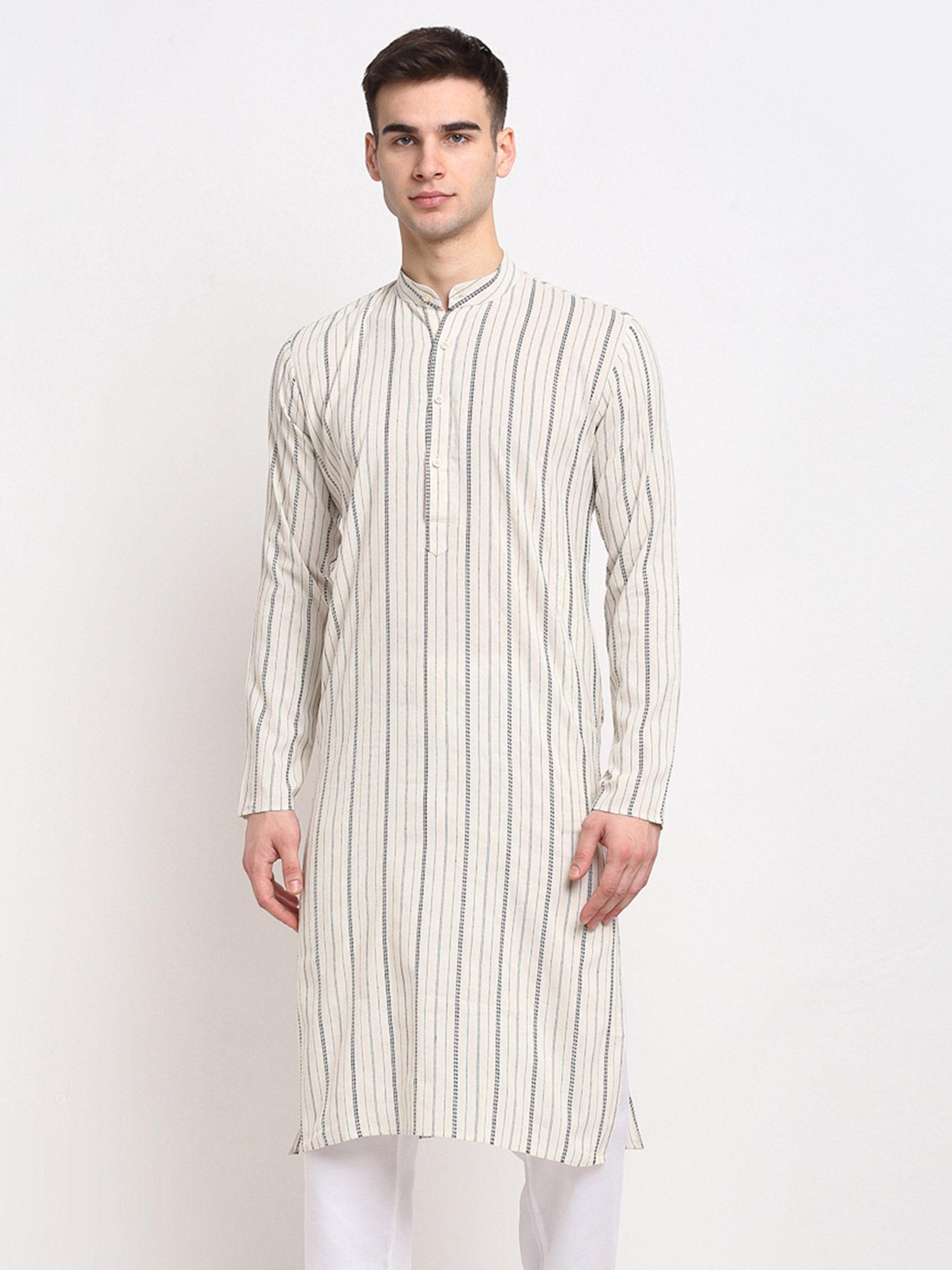 men cream & white striped cotton kurtas