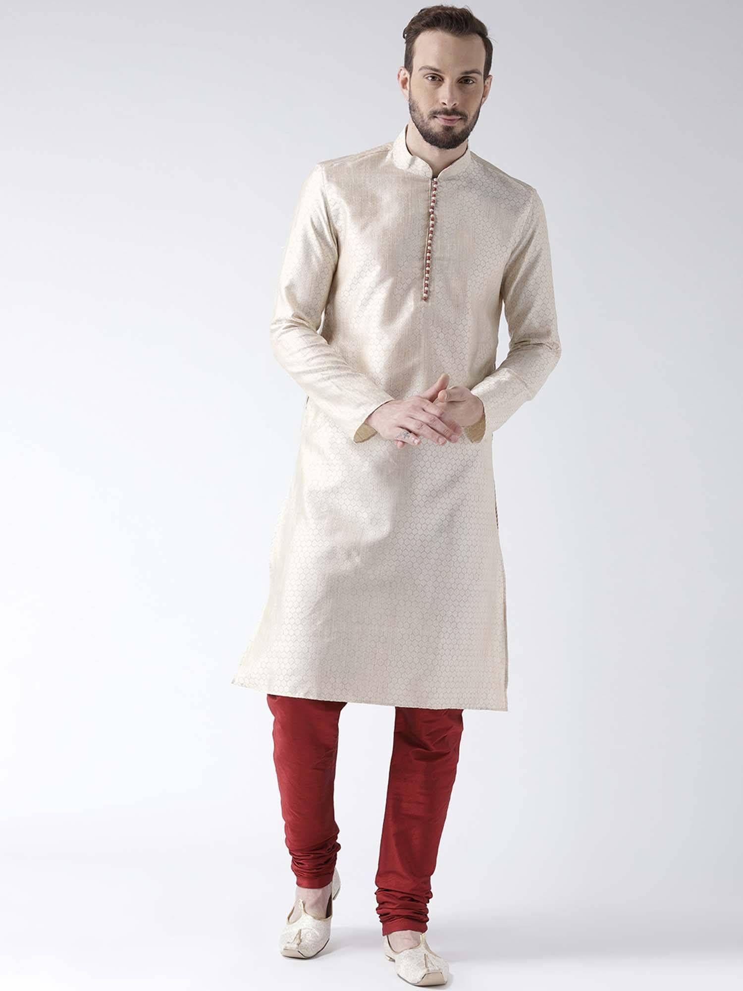 men cream-coloured woven design straight kurta