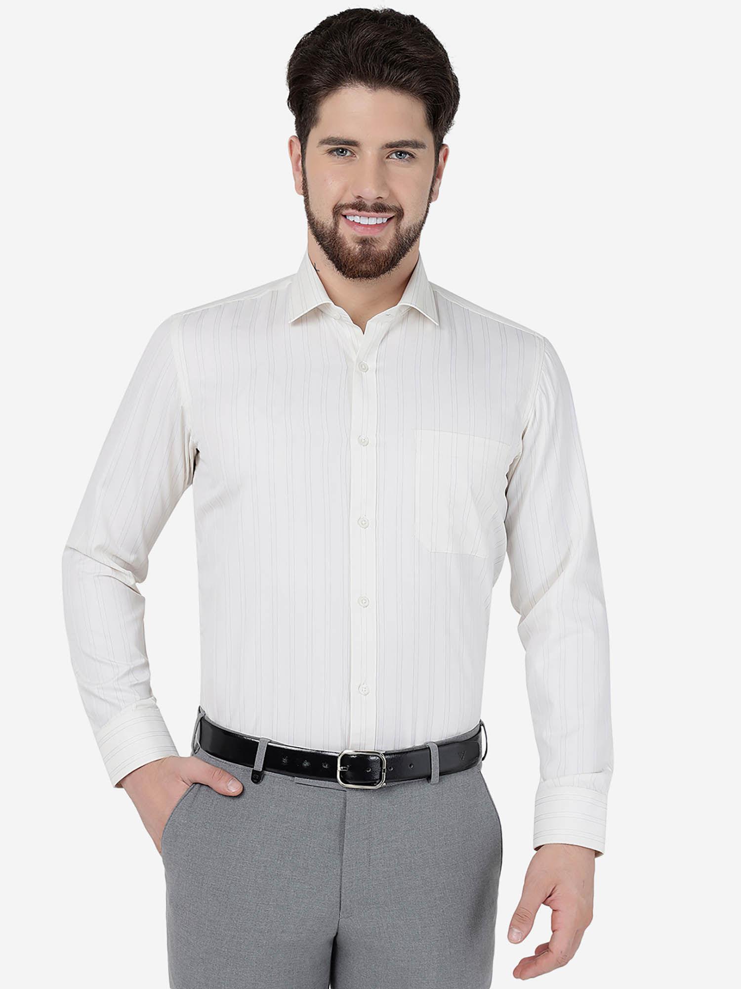 men cream cotton blend slim fit striped formal shirt