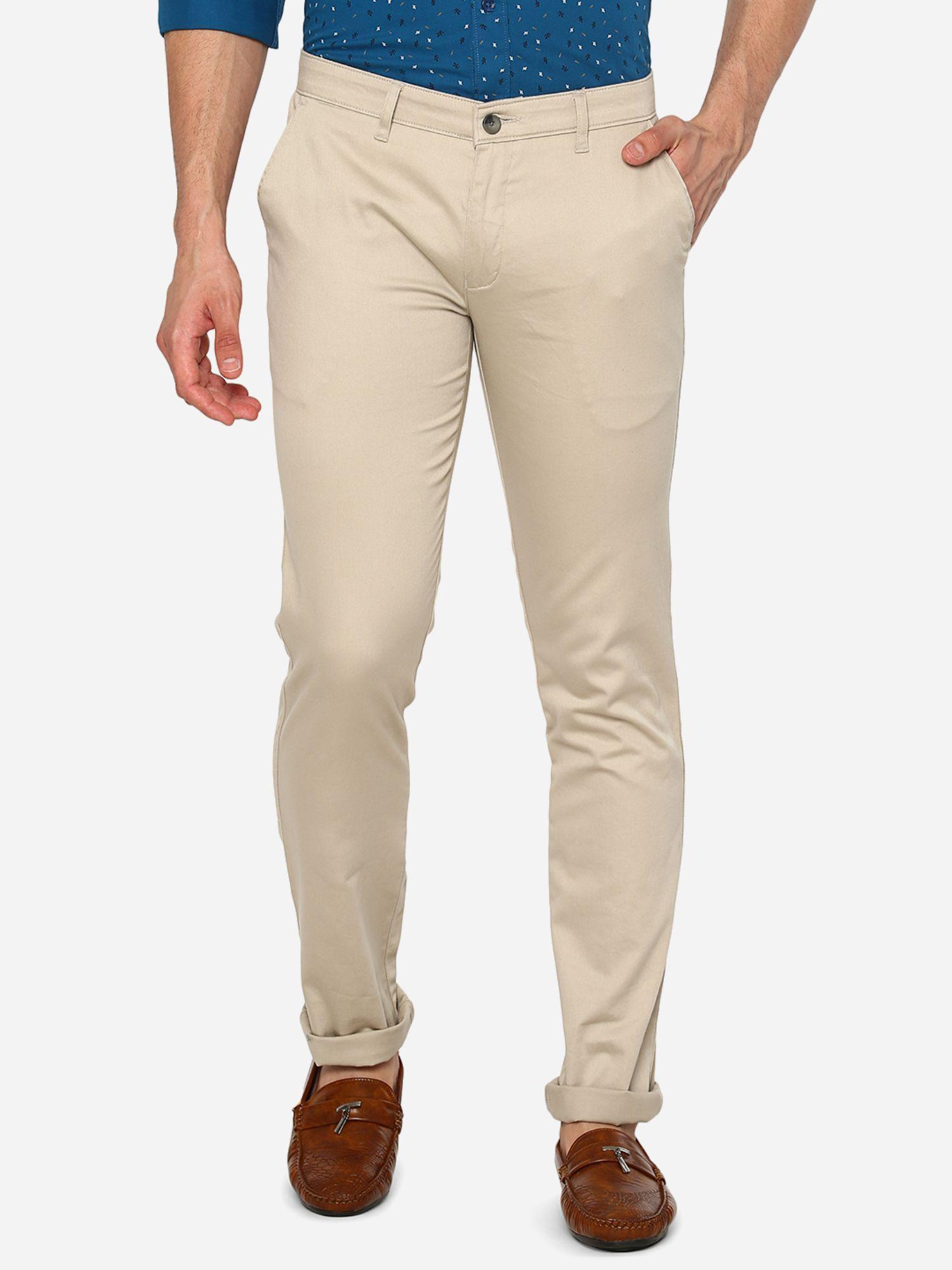 men cream cotton super slim fit solid casual trouser