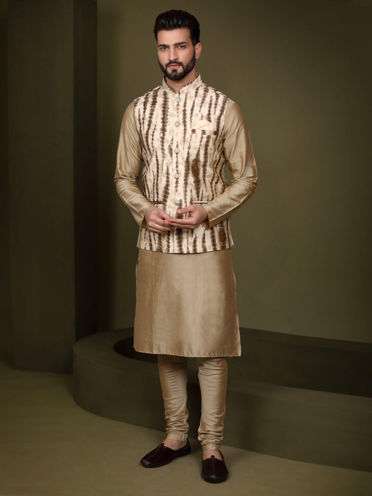 men cream jacket kurta (set of 3)