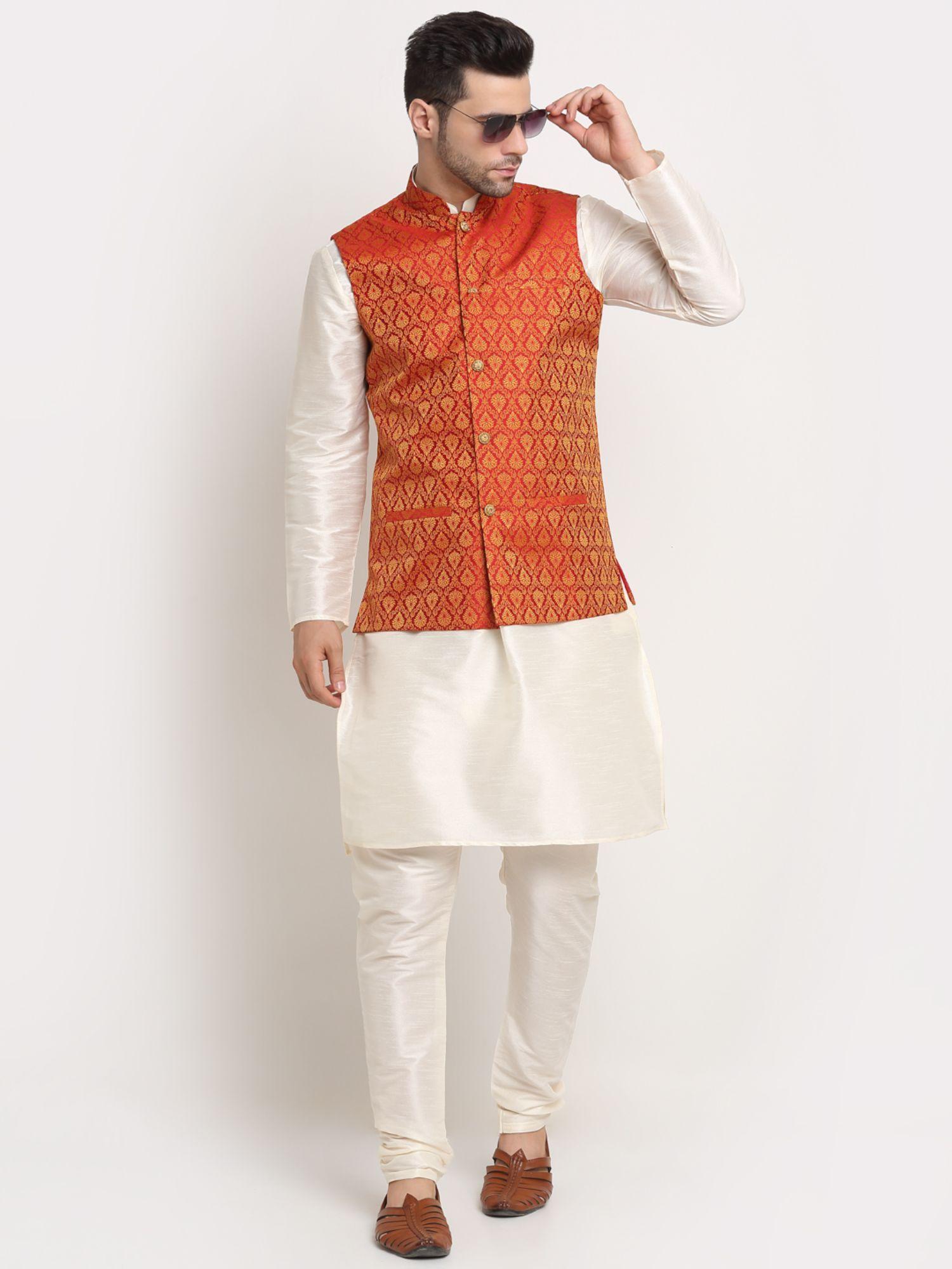 men cream kurta & churidar with red jacquard nehru jacket (set of 3)