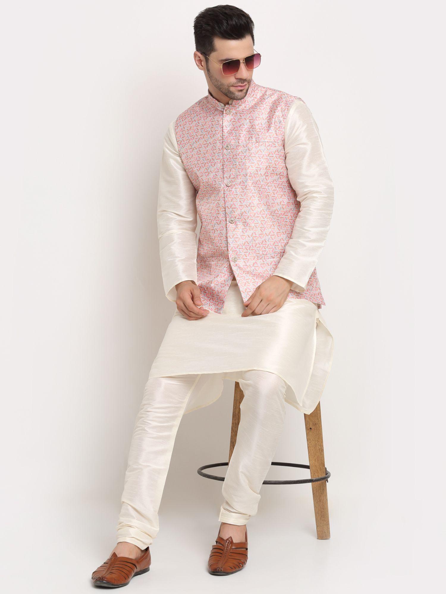 men cream kurta & churidar with thread work pink nehru jacket (set of 3)