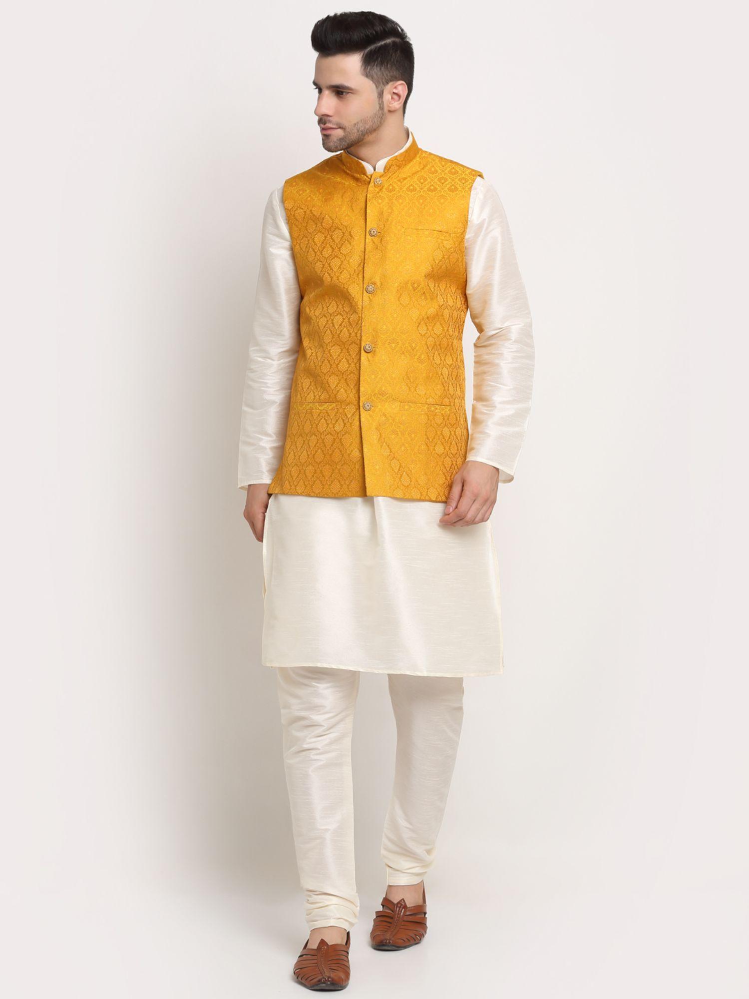 men cream kurta & churidar with yellow jacquard nehru jacket (set of 3)