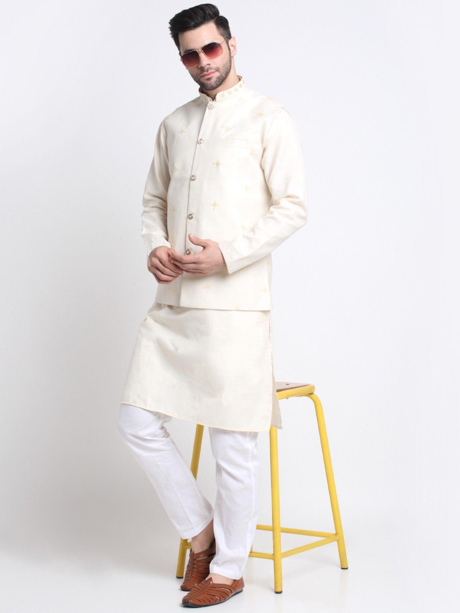 men cream kurta & white pyjama with cream embroidered sequined nehru jacket (set of 3)