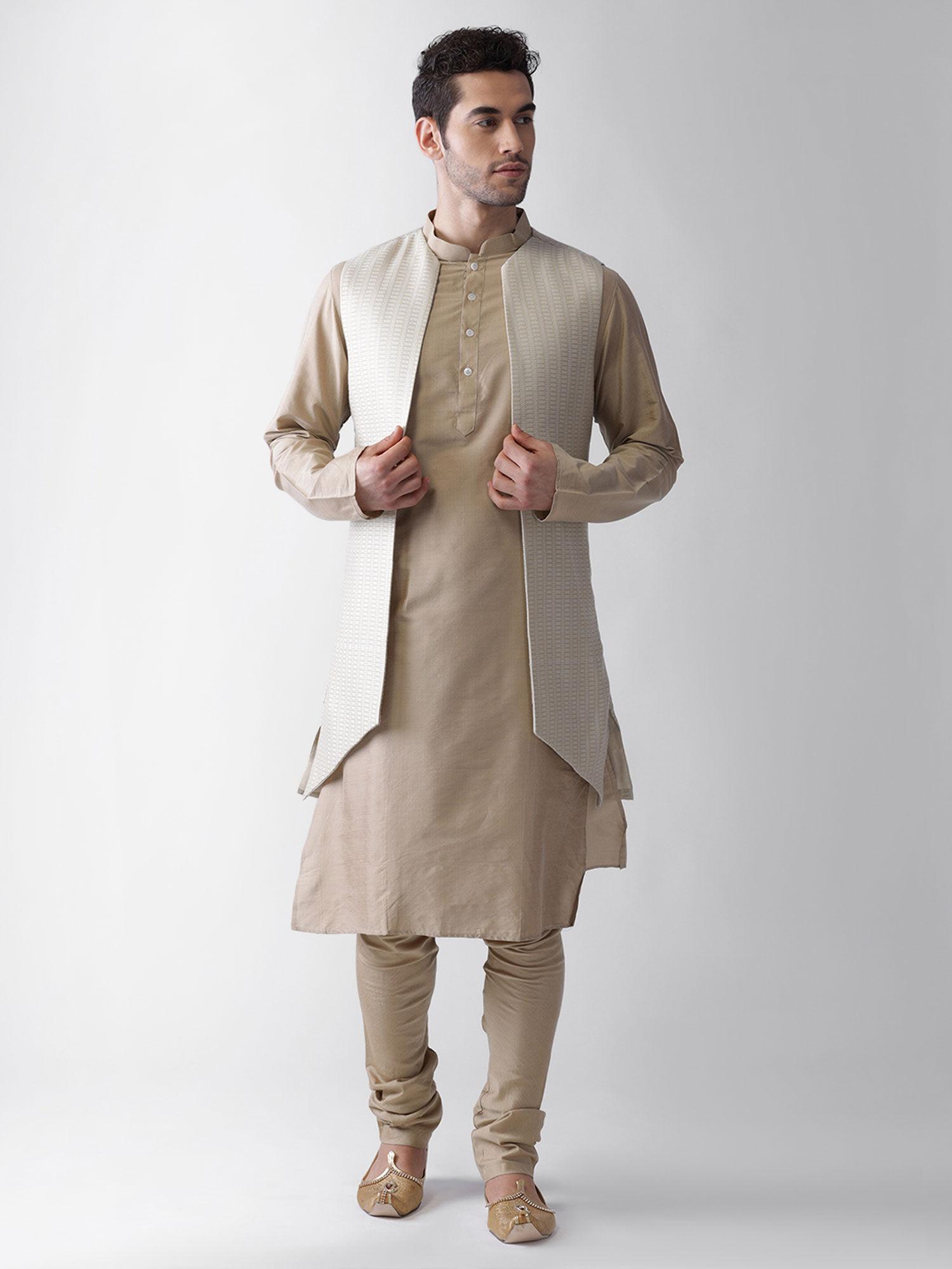 men cream kurta jacket (set of 3)