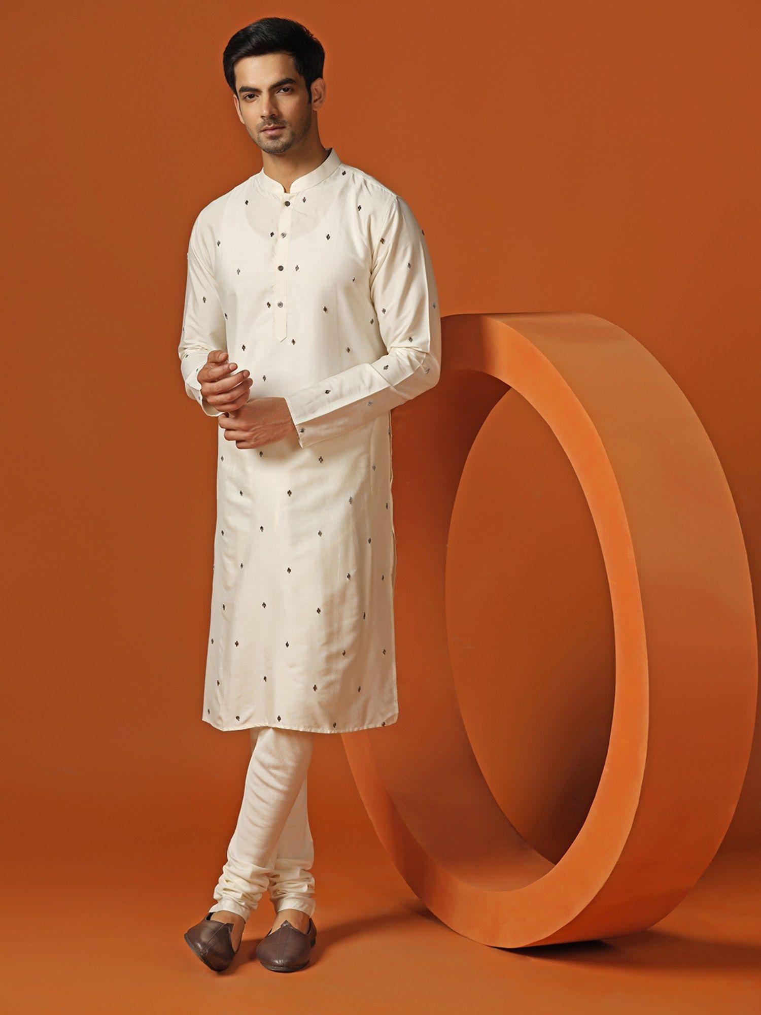 men cream kurta with churidar (set of 2)