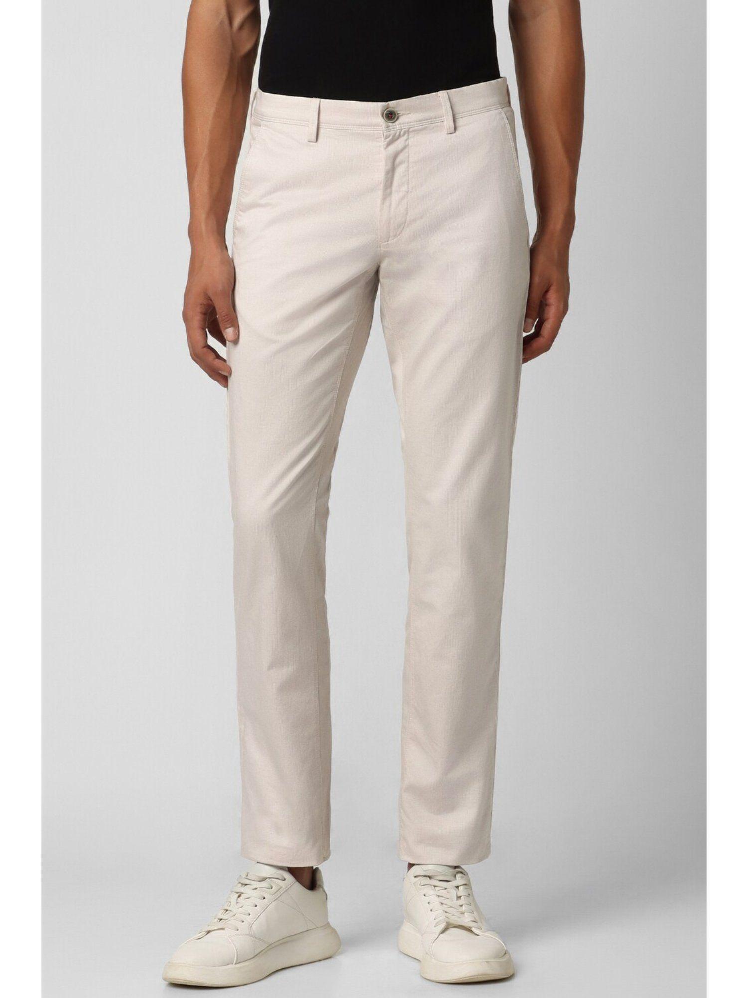 men cream print slim fit trousers