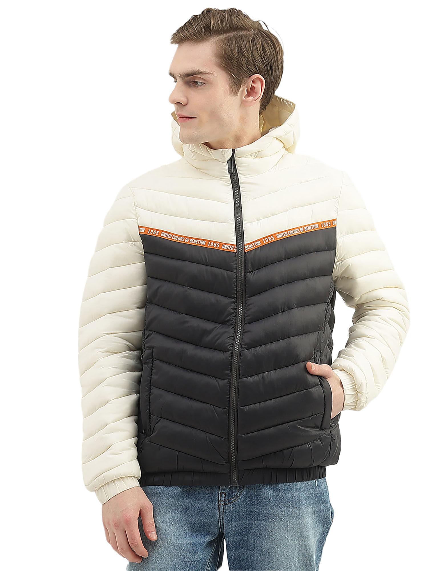 men cream quilted hooded jacket