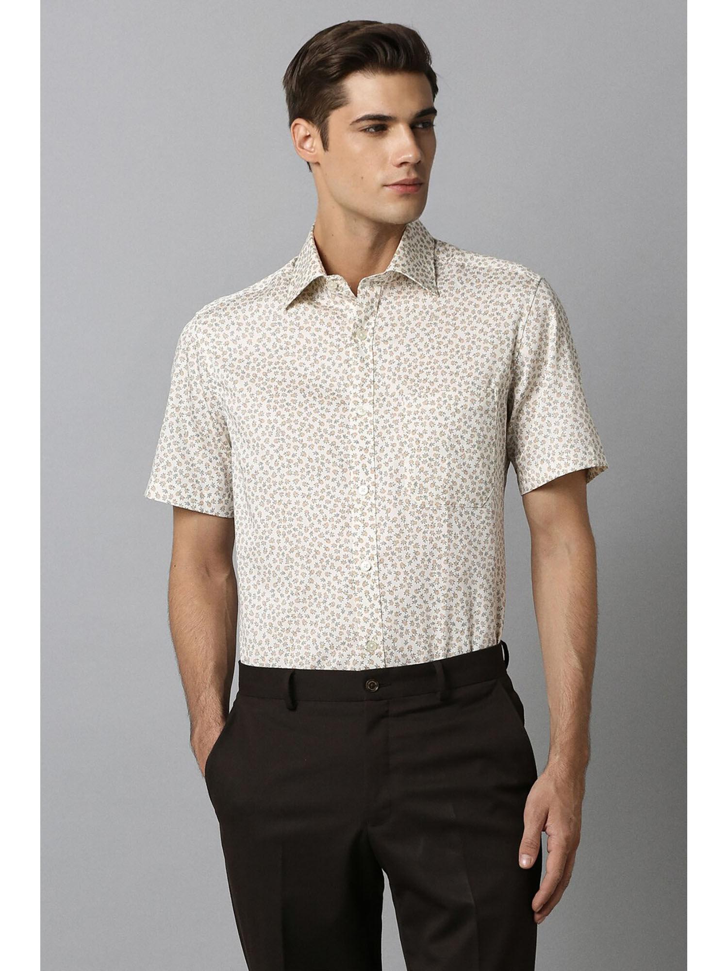 men cream regular fit printed half sleeves formal shirt