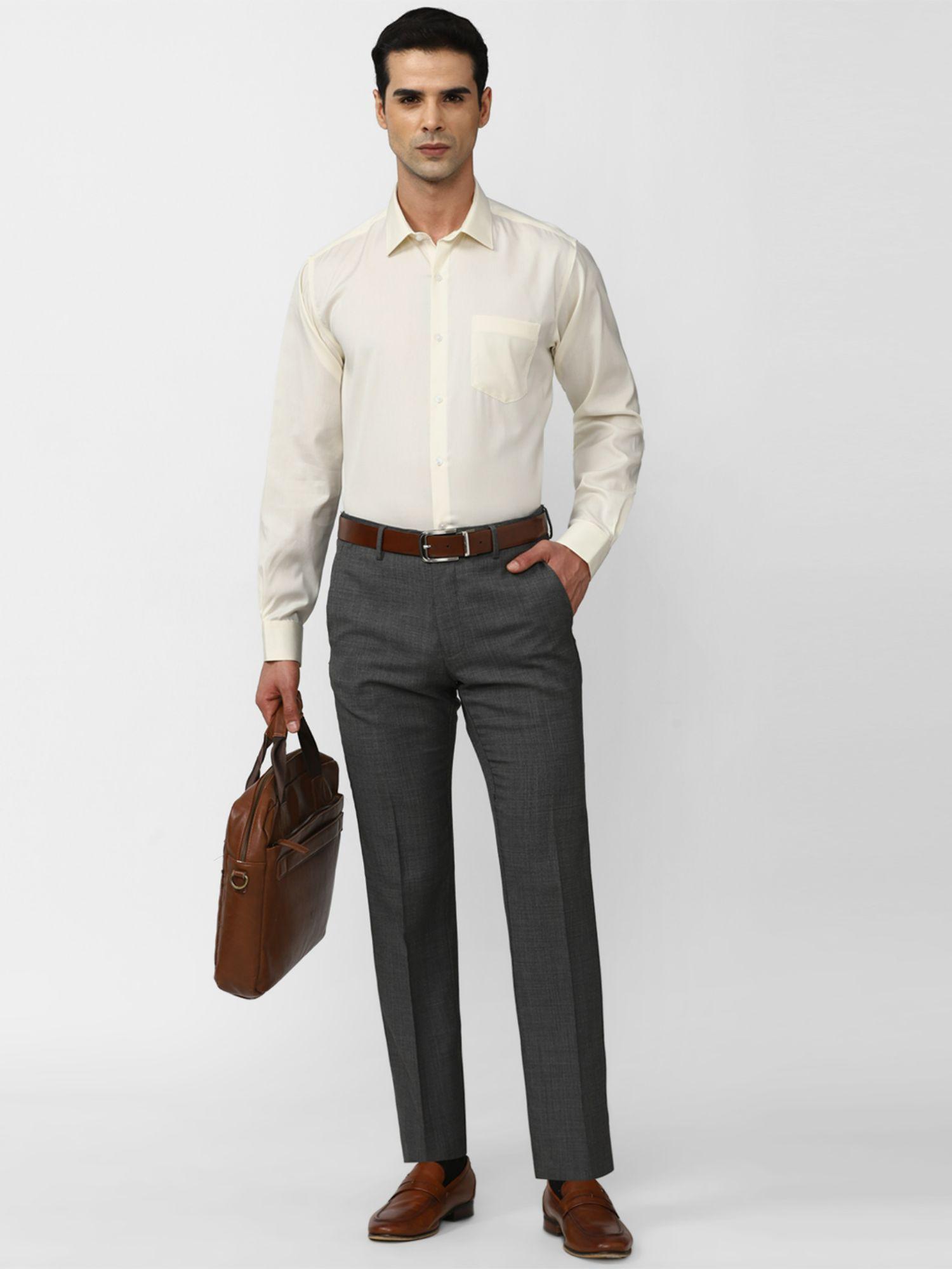 men cream regular fit solid full sleeves formal shirt